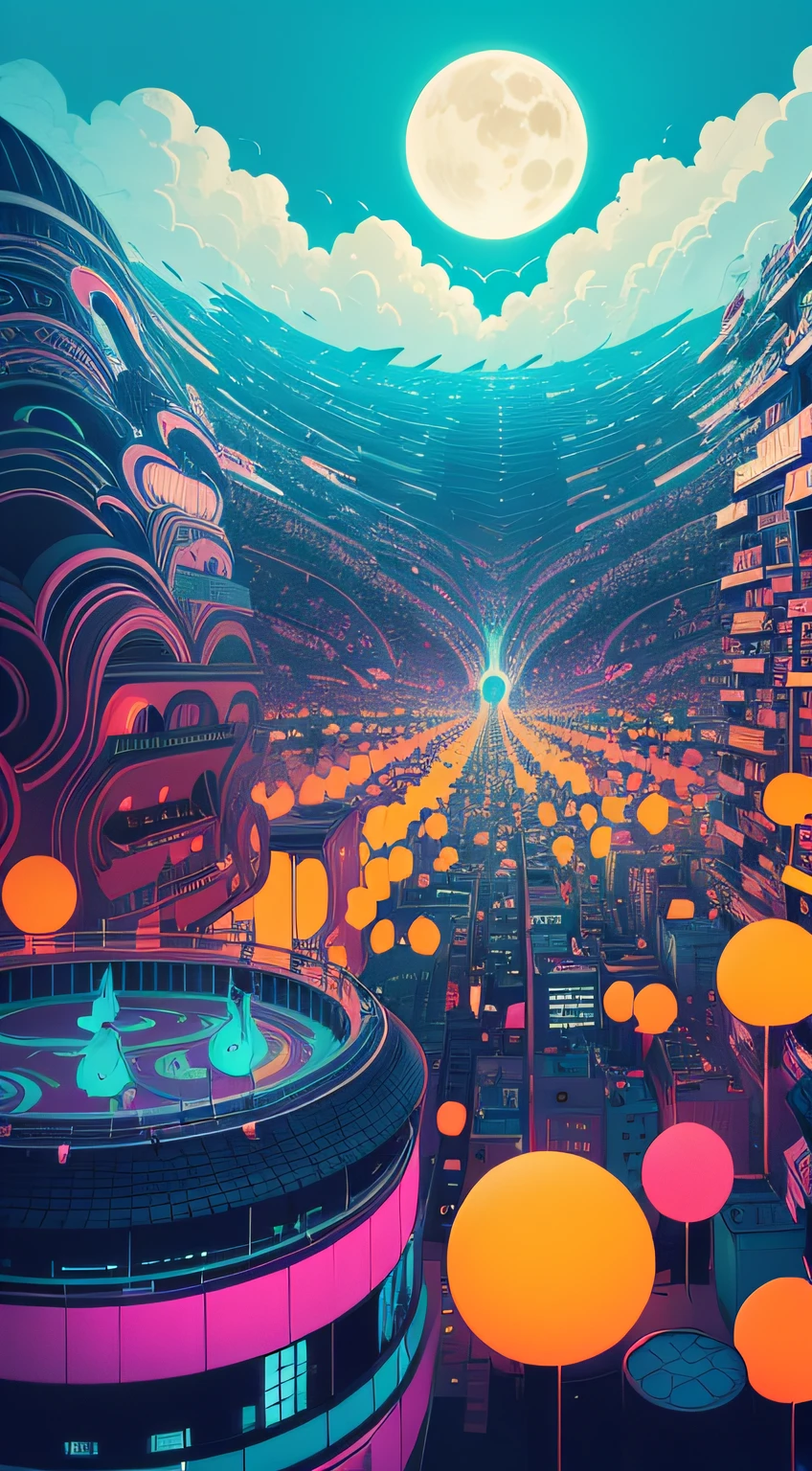 A trippy illustration of a surrealistic cityscape. The artwork should be filled with vibrant colors and patterns, with the buildings depicted as strange, surreal creatures with distorted shapes and patterns. The sky should be filled with psychedelic clouds and a surrealistic sun or moon. Psychedelic style, Clean line art, fine line art, black ink style, bold lines, detailed, vivid color. ar --ar 2:3 --s 400 --niji 5 --auto