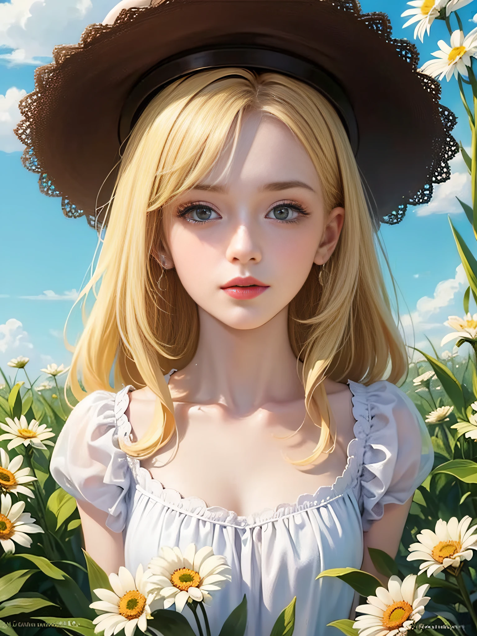 MasterPiece,spring time,bust,Little girl with hat,Yellow hair,Colorful flowers,facing towards the viewer,