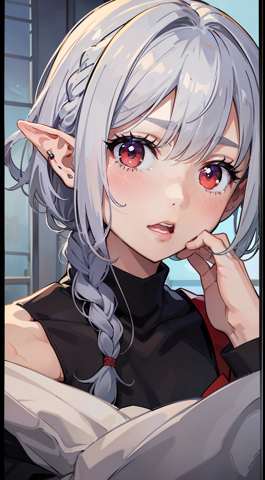 ((Put your hands on your face)), (surprised)), (Red face), 1 girl closeup, Elf, Silver hair, Red eyes, Braid hair, Bob cut, Sportswear, Spats, Indoors, Mirror, TS, Concept art, Beautiful anime scene, Beautiful anime scene, Best quality, Masterpiece, 4K