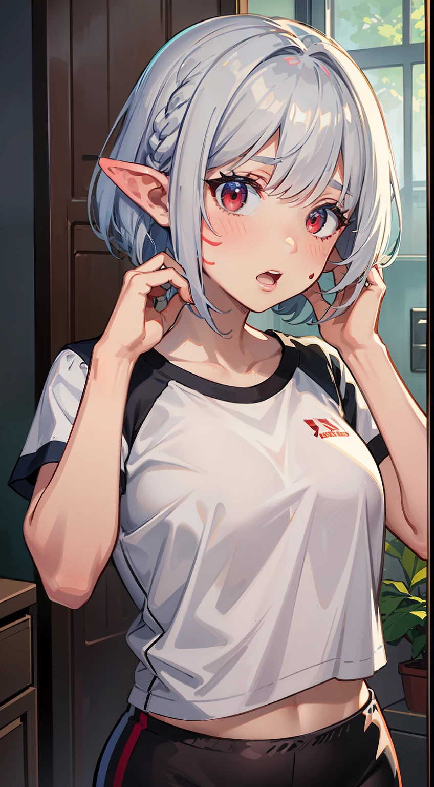 ((Put your hands on your face)), (surprised)), (Red face), 1 girl closeup, Elf, Silver hair, Red eyes, Braid hair, Bob cut, Sportswear, Spats, Indoors, Mirror, TS, Concept art, Beautiful anime scene, Beautiful anime scene, Best quality, Masterpiece, 4K