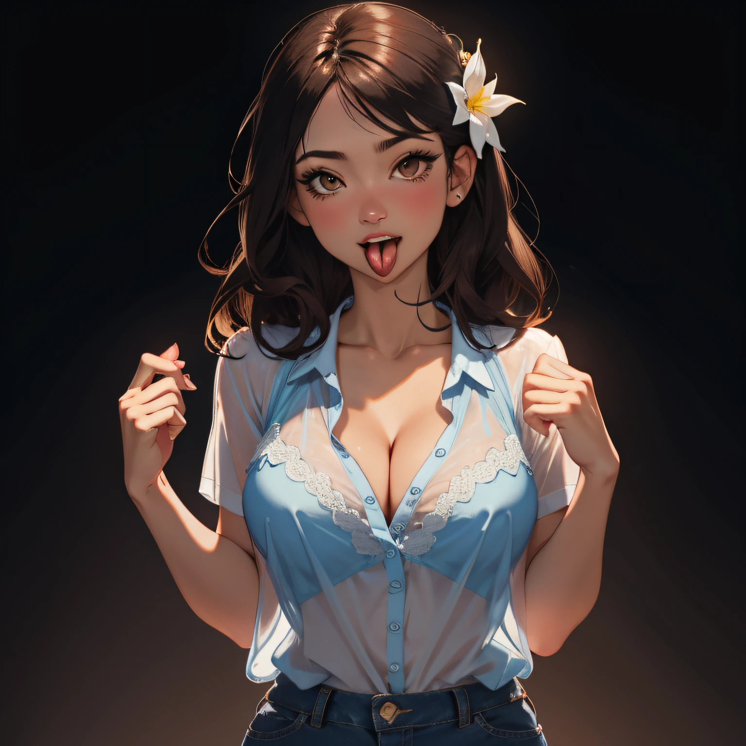 1girl, gradient, gradient_background, breasts, see-through, solo, hair_ornament, cleavage, long_hair, tongue_out, large_breasts, tongue, looking_at_viewer, shirt, brown_eyes, underwear