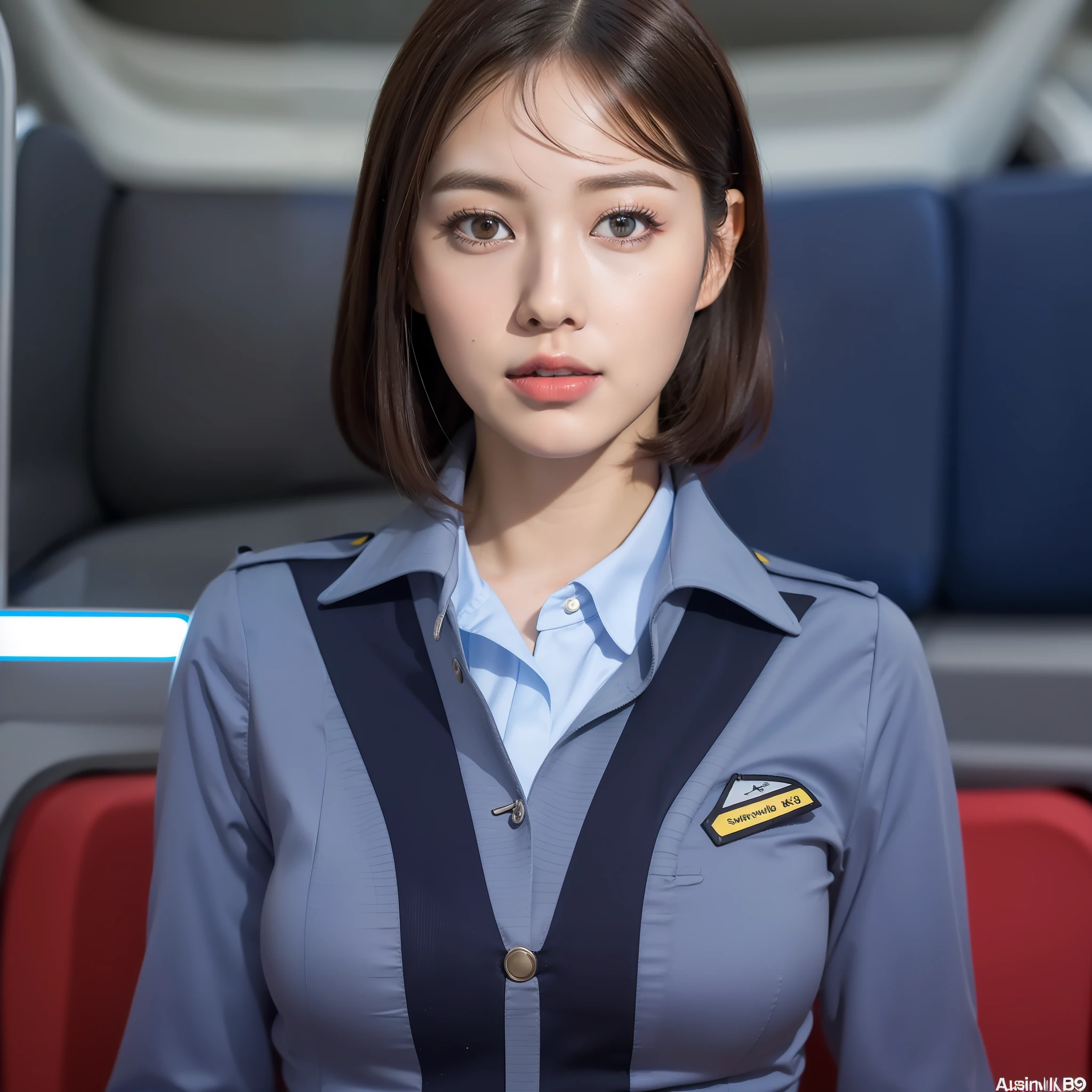 (8k, RAW photo, best quality, masterpiece:1.2), (realistic, photo-realistic:1.2), (ultra highres), (ultra detailed), absurdres,
1girl, beautiful face, symmetric eyes, TWbabe5, perfect body proportions,, 
(stewardess uniform, miniskirt:1.2), skintight, pantyhose, badges, slim legs, 20d, sitting, detailed skin, looking at viewer, (airplane interior:1.2), front view,