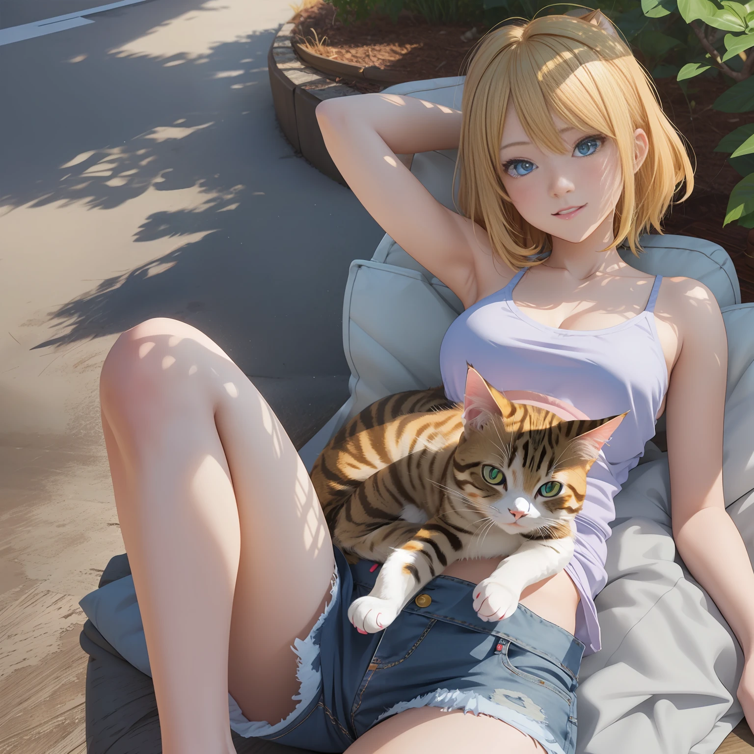 blond haired girl with blue eyes and a cat laying on her lap, realistic anime 3 d style, beautiful anime catgirl, photorealistic anime, realistic anime cat, anime catgirl, hyper realistic anime, 3 d anime realistic, cute anime catgirl, very beautiful anime cat girl, attractive cat girl, anime cat, very beautiful cute catgirl, realistic anime