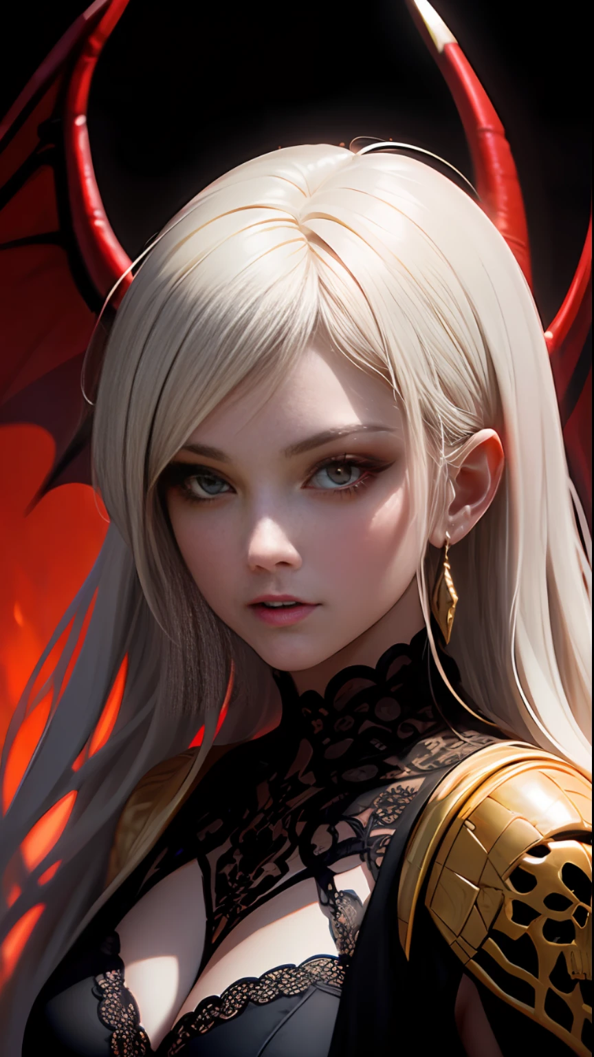 Masterpiece, golden Vibe, best quality, ultra-detailed, enchanting facial features, succubus girl, holding a skull, red demon wings and tail, black damask lace, dark painting style,a closeup portrait of a Evil goddess, long hair