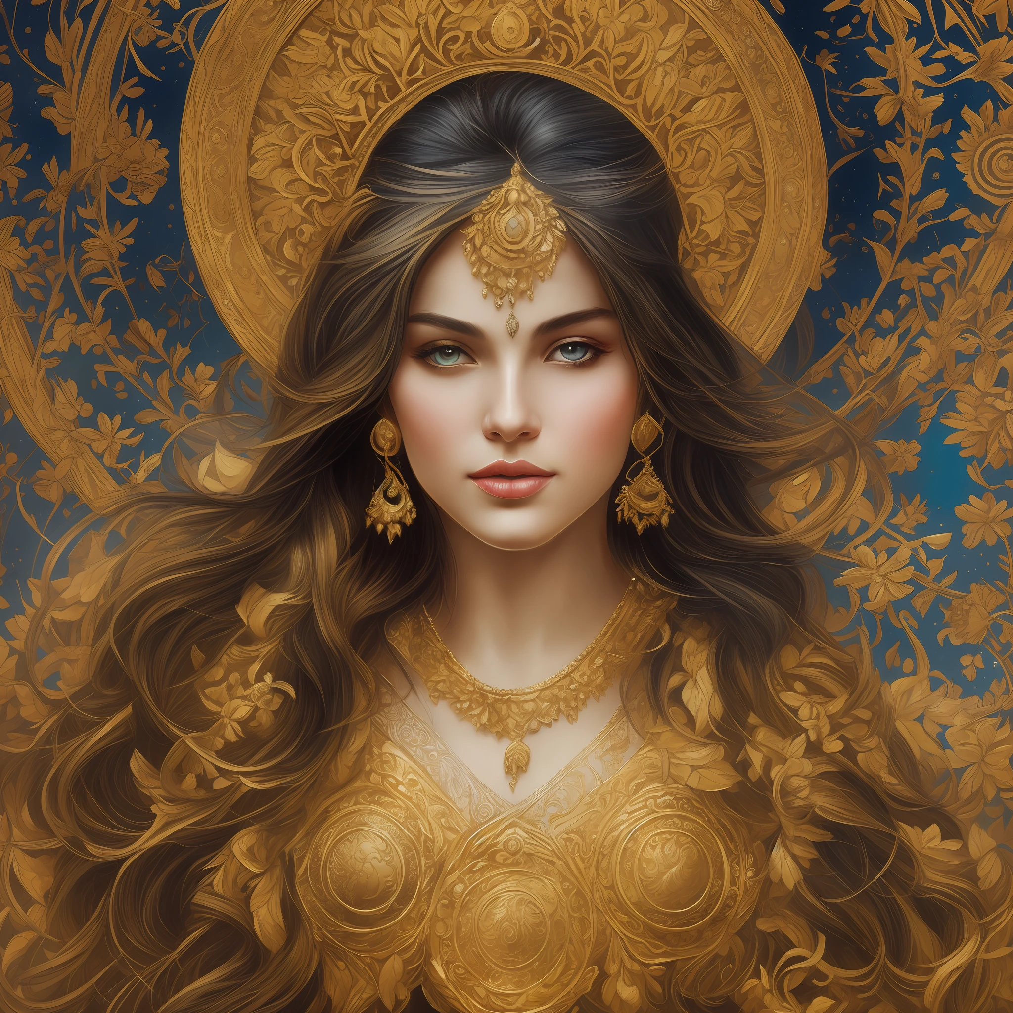 a close up of an Indian warrior woman deity with black hair and a red mask, golden ornaments, silver trinkets,blood spatter,beautiful character,dark cyan tunic, yellow tunic, elegance, mystique, knowledge, dignified stance, intricate patterns, nature motifs, celestial motifs, deep contemplation, majestic cape, luxurious fabrics, swirling patterns, magical atmosphere, harmonious color palette, enchantment, wisdom. Tetradic, warm colors, best quality, masterpiece, high resolution, photorealistic, intricate, rich background painting,Andrew Atroshenko, artwork in the style of Andrew Atroshenko, black haired deity, byAlexandr Averin , epic exquisite character art, stunning character art, by Jules Bastien-Lepage,on pixiv artstation --auto