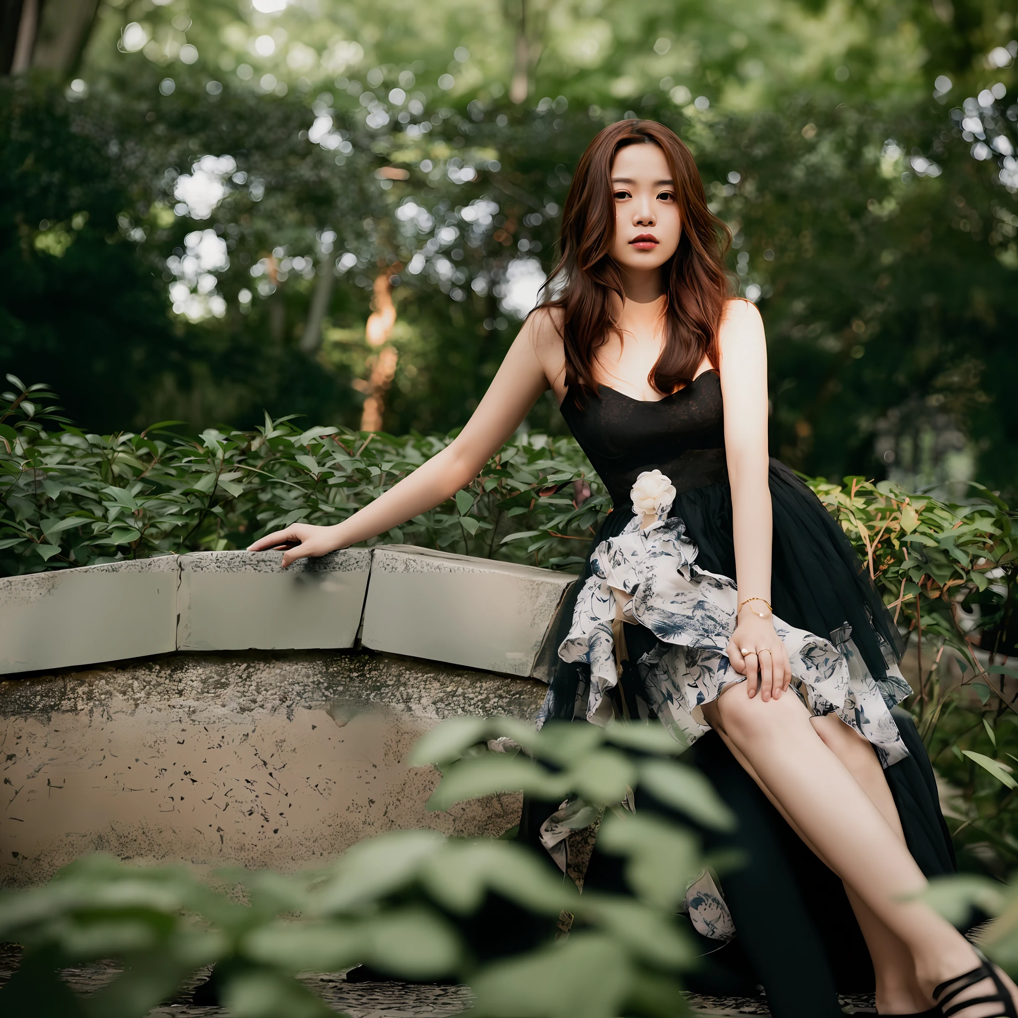 there is a woman sitting on a stone bench in a park, heonhwa choe, portrait image, korean women's fashion model, high quality portrait photoshoot, seseon yoon, dslr 5 0 mm portrait photo, album art, beautiful young korean woman, solo photoshoot, high - end fashion photoshoot, a young asian woman, gorgeous young korean woman, sha xi