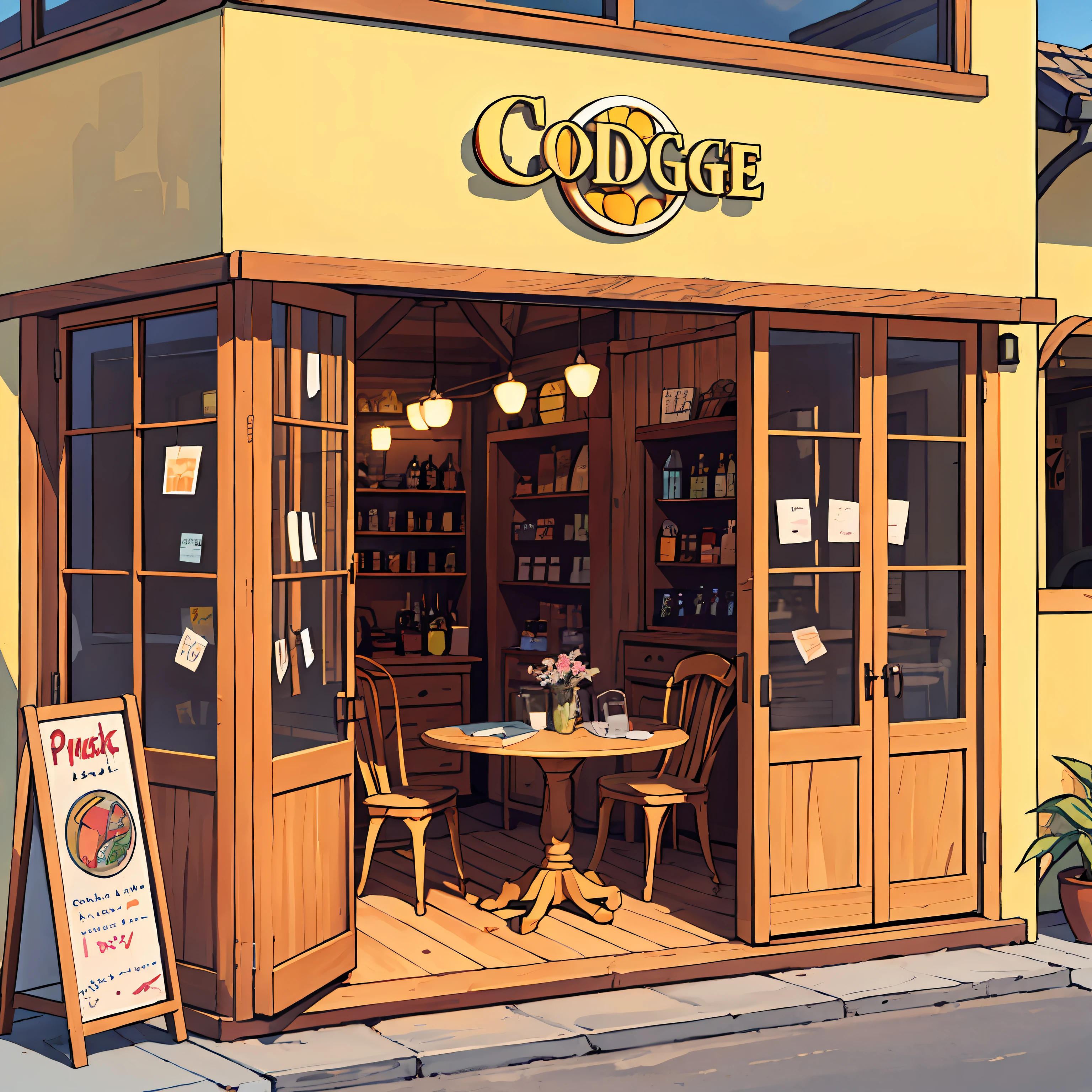 Fantasy cottage, fruit gift shop, the main body is a yellow orange!! , orange with glass window above, door, a table and 2 chairs in front, shop selling all kinds of juices, small yard, creative, paper-cut style, brightly colored, --auto --v 6