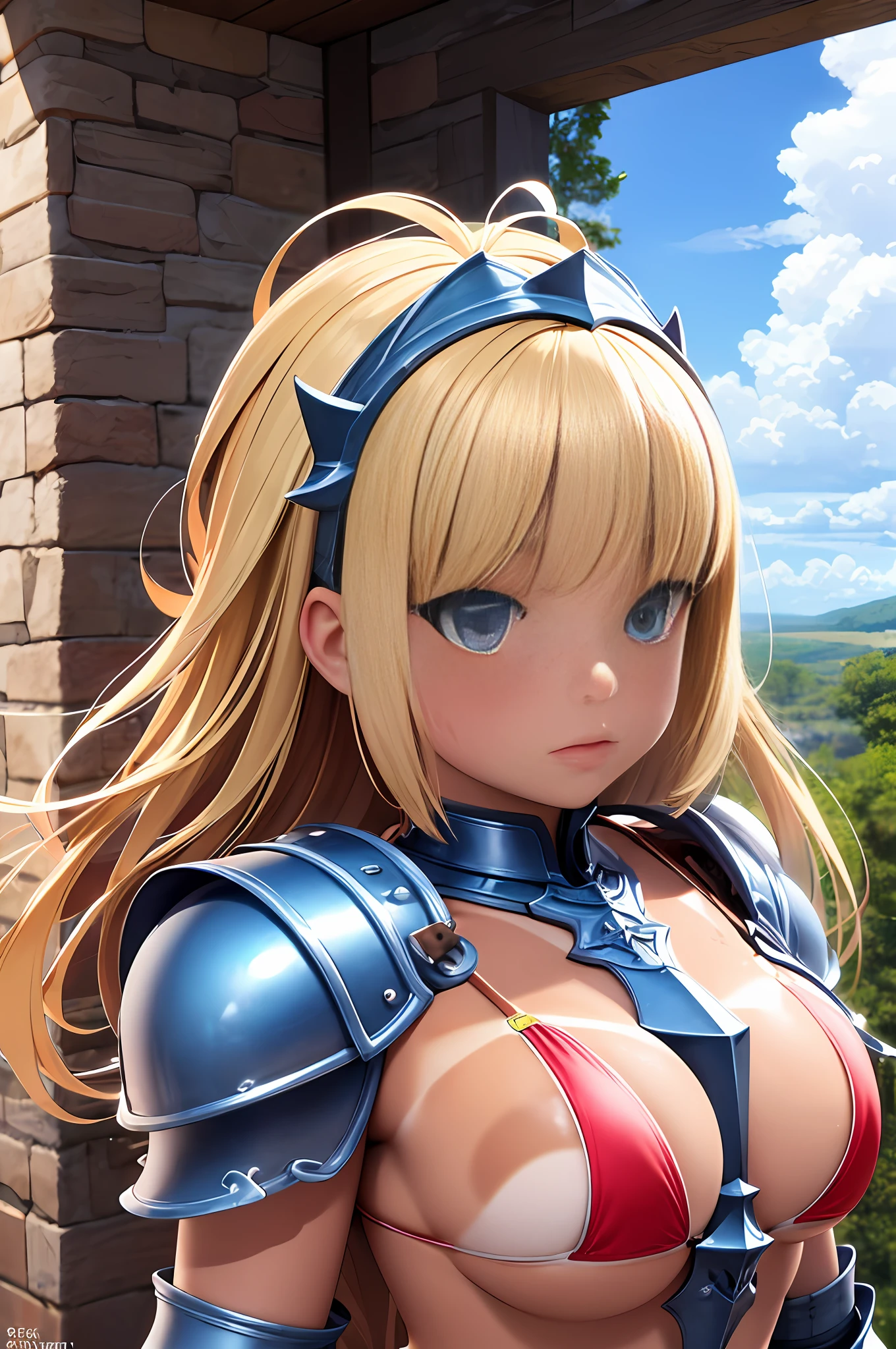 Masterpiece, Hyper Quality, Hyper Detail, Perfect Drawing, CG, 3D, 8k, Illustration, Beautiful Face Girl, Adventurer, Fantasy, Warrior, ((((Bikini Armor))), Brown Skin, Tan Marks (1.5)), Oversized Sword: (200cm), Shoulder Armor, 98Gcup Bust, Blonde Blue Eyes, Wilderness, Valley, Battlefield,