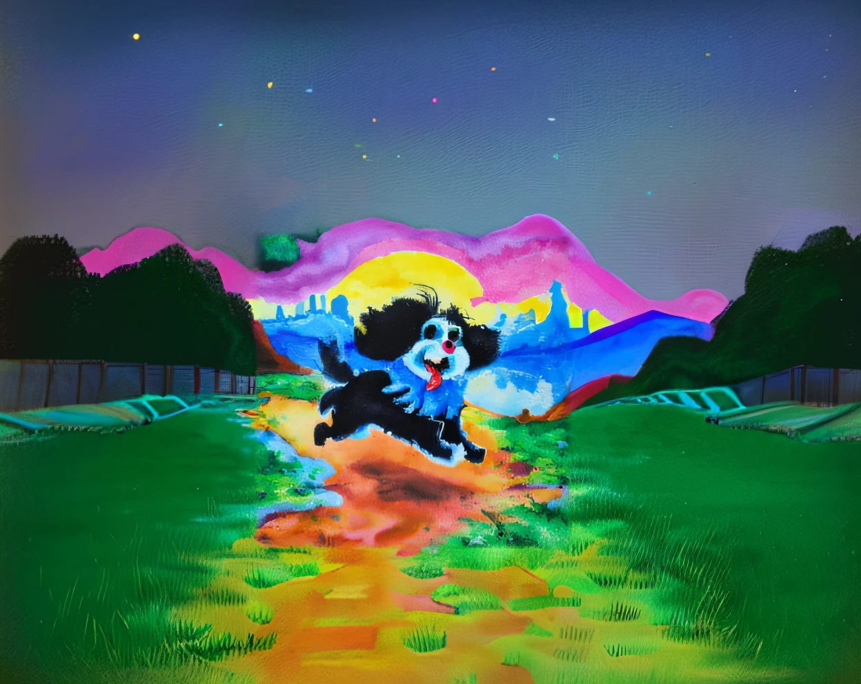 painting of a dog running on a path with a city in the background, painting of cute dog, ( dog ) jumps over hill, “portrait of a cartoon animal, running freely, in style of lisa frank, by Cicely Hey, at dusk!, inspired by Emil Nolde, inspired by Peter Max, ( dog ) jumps from mountain, anthropomorphic dog