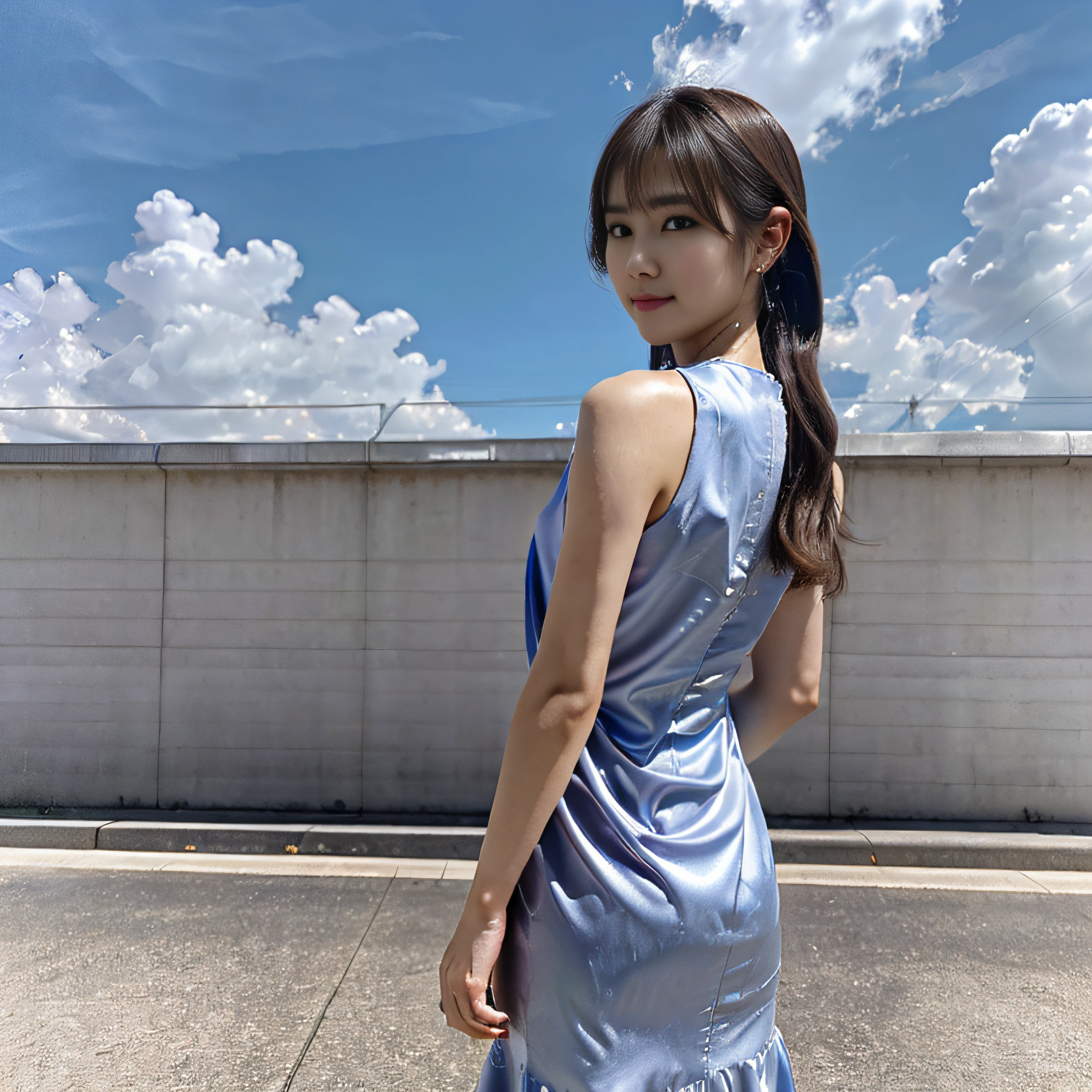 (8k, RAW photo, photorealistic:1.25), (realistic:1.5), (from behind:1.5), (glossy side, shiny skin, best quality, ultra high resolution, depth of field, chromatic aberration, caustics, wide light, natural shadow, Kpop idol), light pink style, 1girl, (sky witch: 1.5), tall and thin beauty goddess, flowing dress, conservative girl, cloud goddess, flowing reality fabric, Wearing a flowing dress, realistic, with blue sky in the background, (wind: 1.5), (umbrella in hand: 1.5), (full body: 1.5), (Eye-Level Shot: 1.5), yangmi
