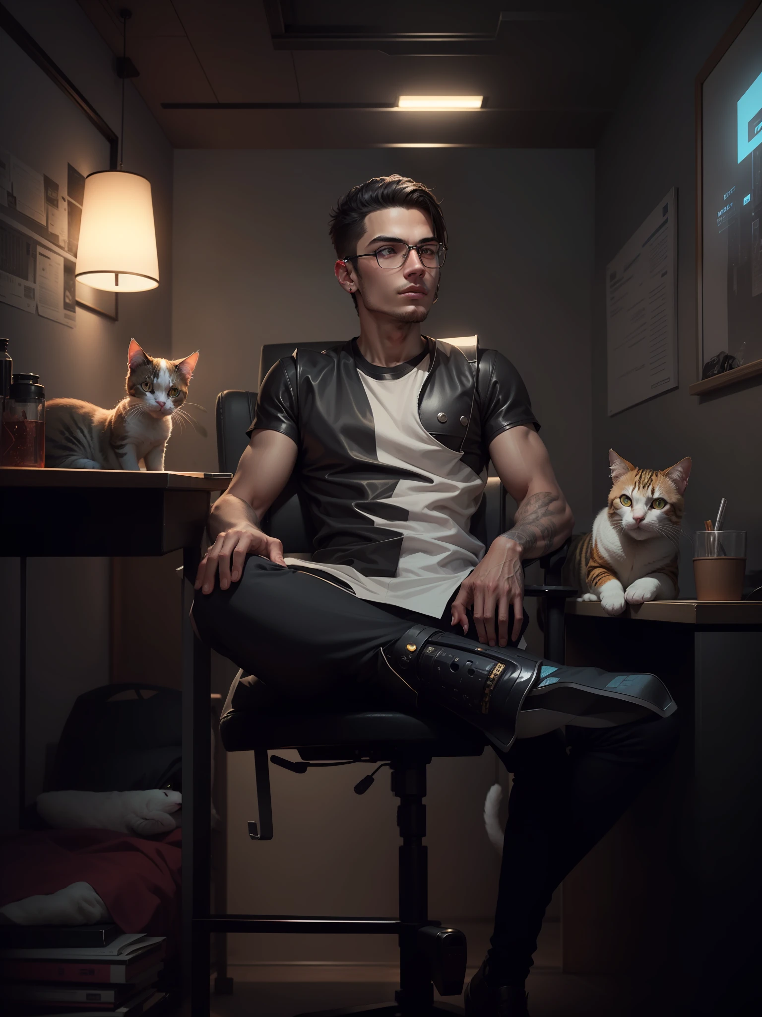 Make cyberpunk handsome boy around 18 years old with cute cat, ultra realistic face, no beard, good background, robotic dress