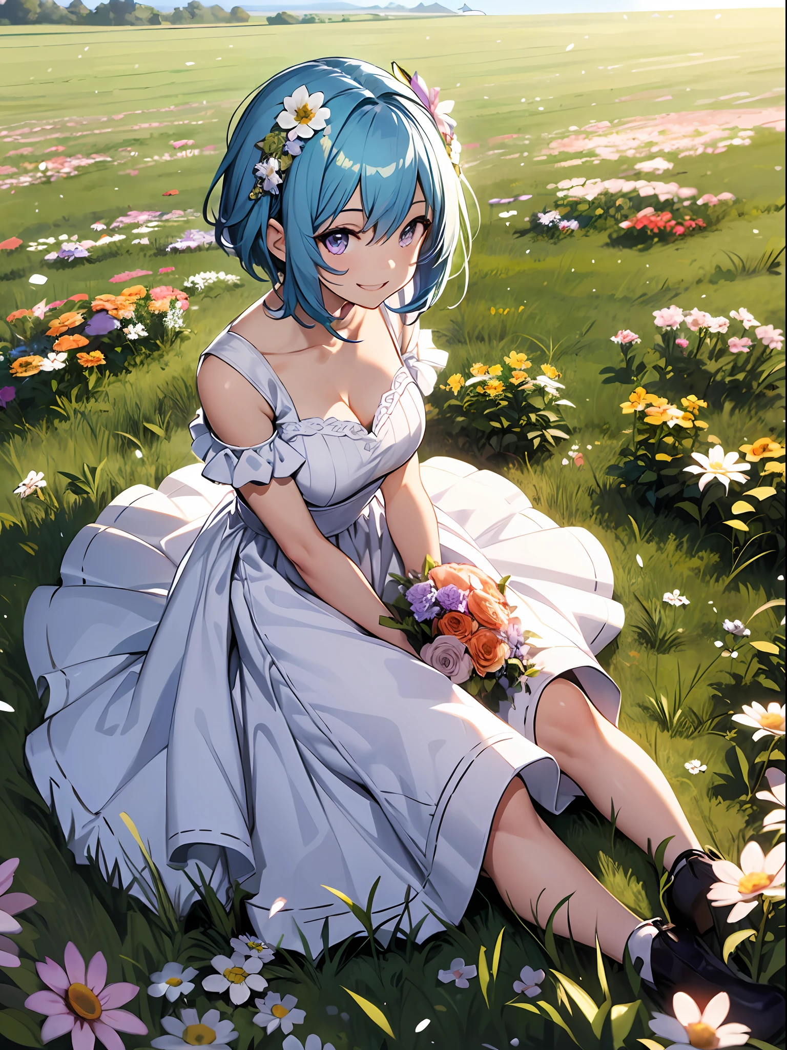 girl, sky blue hair, short cut, purple eyes, beautiful eyes, smiling, happy, white dress, bouquet, posing, full body, on grass, blue sky