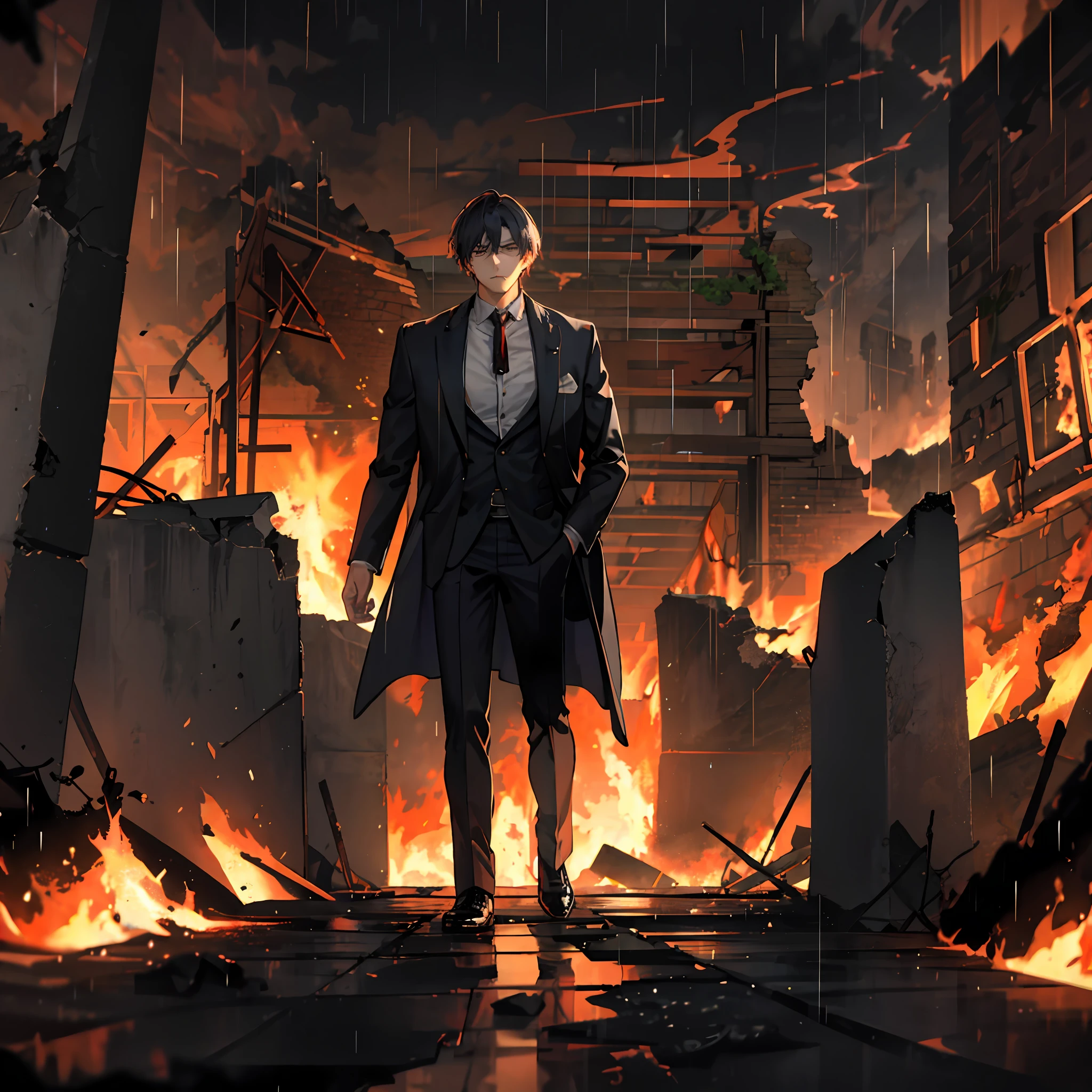 A handsome man, afraid of a bland expression, wide jacket, the end of the world, raining, against the background of a fire burning in the desolate ruins