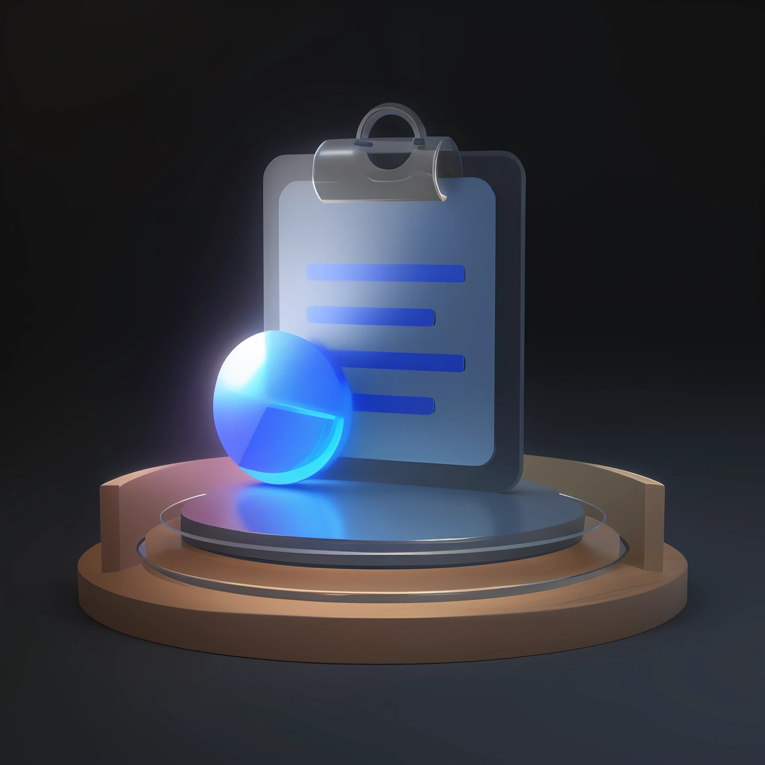 a close up of a clipboard with a piece of paper on it, depicted as a 3 d render, blue circular hologram, 3 d icon for mobile game, blue realistic 3 d render, highly rendered!!, on black background, 3 d illustration, 3d illustration, stylized as a 3d render, clipboard, 3 d render stylized
