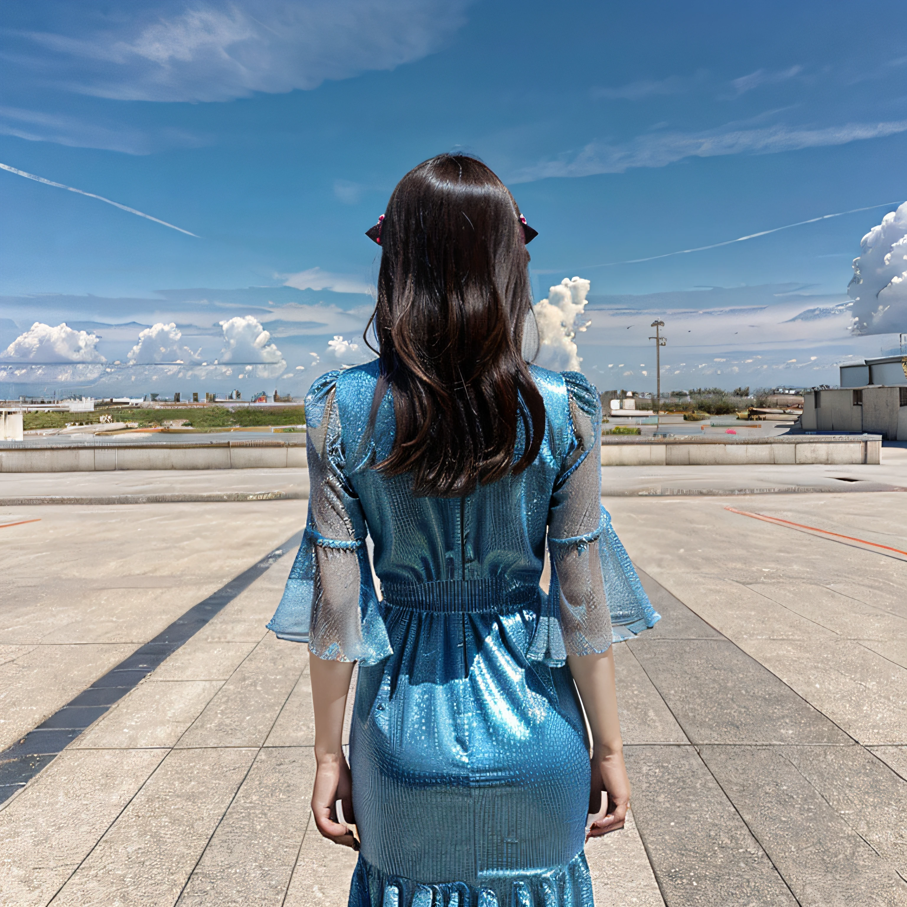 (8k, RAW photo, photorealistic:1.25), (realistic:1.5), (from behind:1.5), (glossy side, shiny skin, best quality, ultra high resolution, depth of field, chromatic aberration, caustics, wide light, natural shadow, Kpop idol), light pink style, 1girl, (sky witch: 1.5), tall and thin beauty goddess, flowing dress, conservative girl, cloud goddess, flowing reality fabric, Wearing a flowing dress, realistic, with blue sky in the background, (wind: 1.5), (umbrella in hand: 1.5), (full body: 1.5), (Eye-Level Shot: 1.5), yangmi
