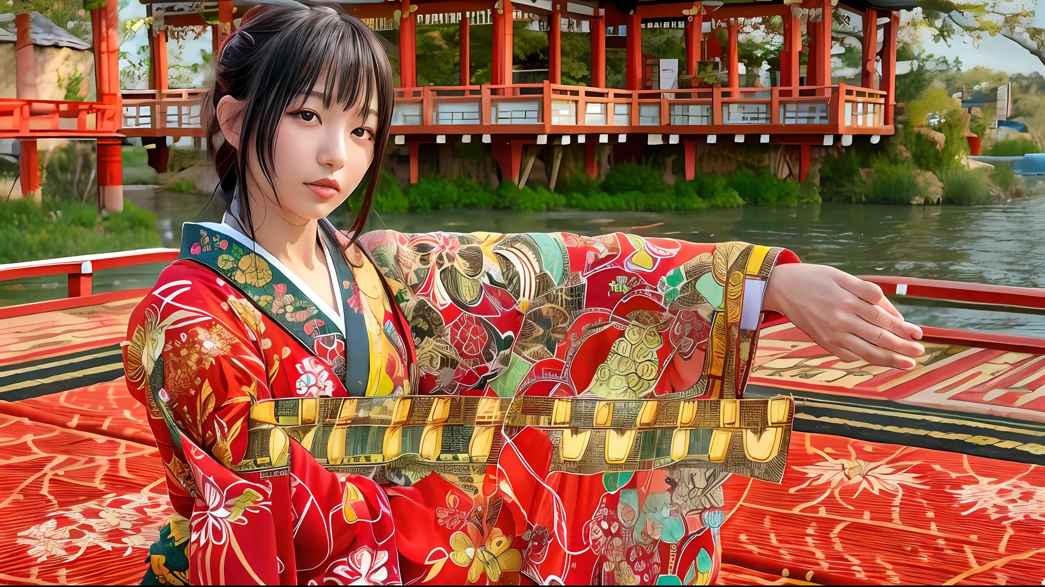 Black hair, kimono, red kimono