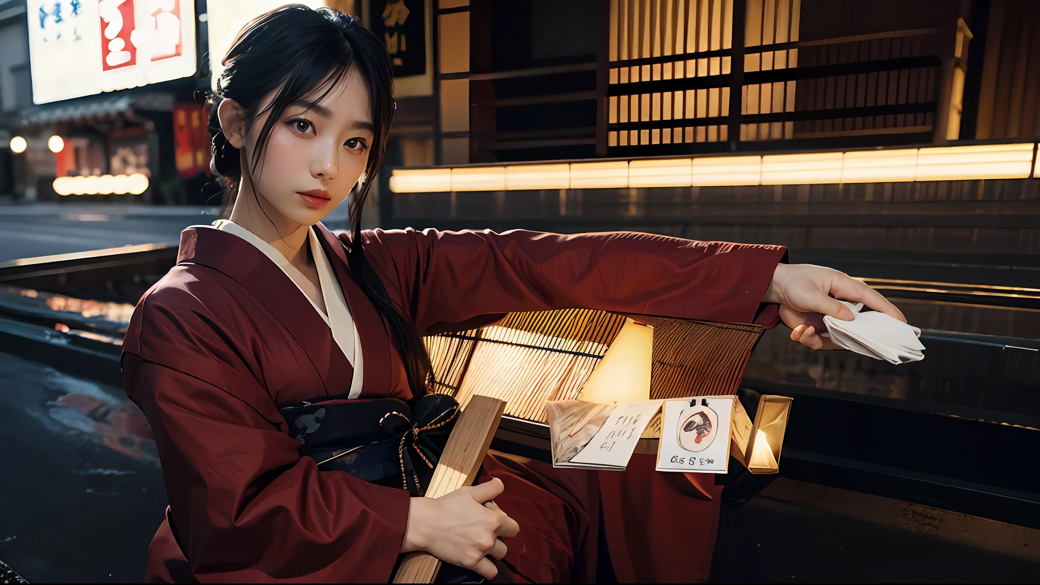 Black hair, kimono, red kimono