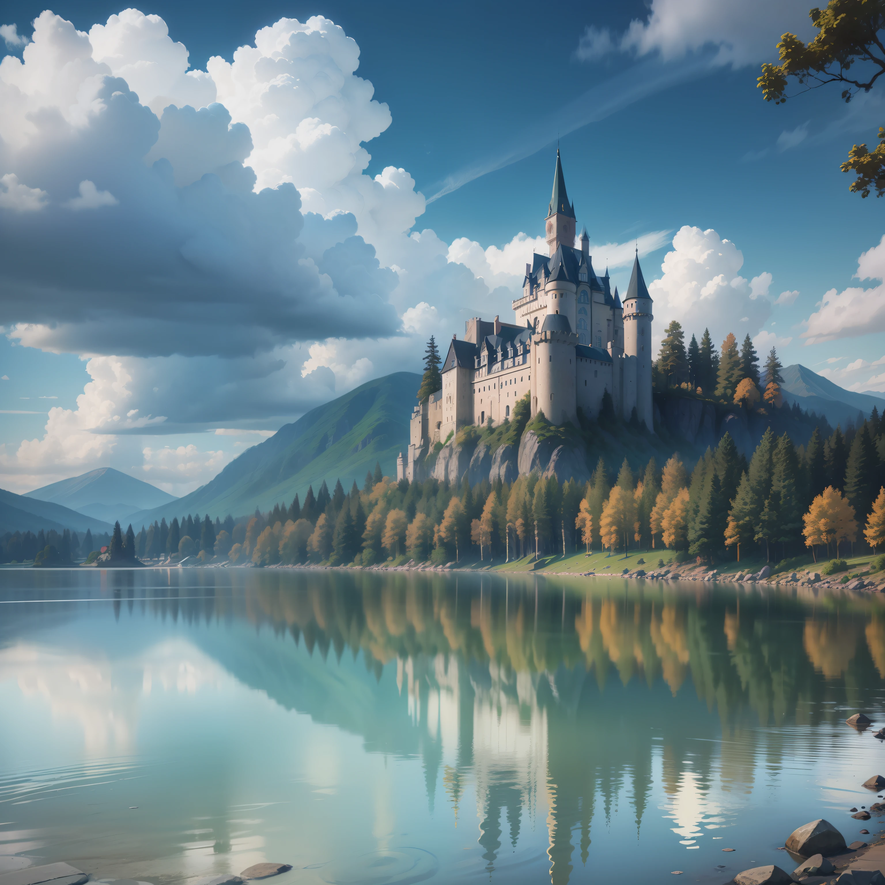 scenery, no humans, cloud, outdoors, sky, castle, tower, tree, water, mountain, building, river, lake, day, landscape