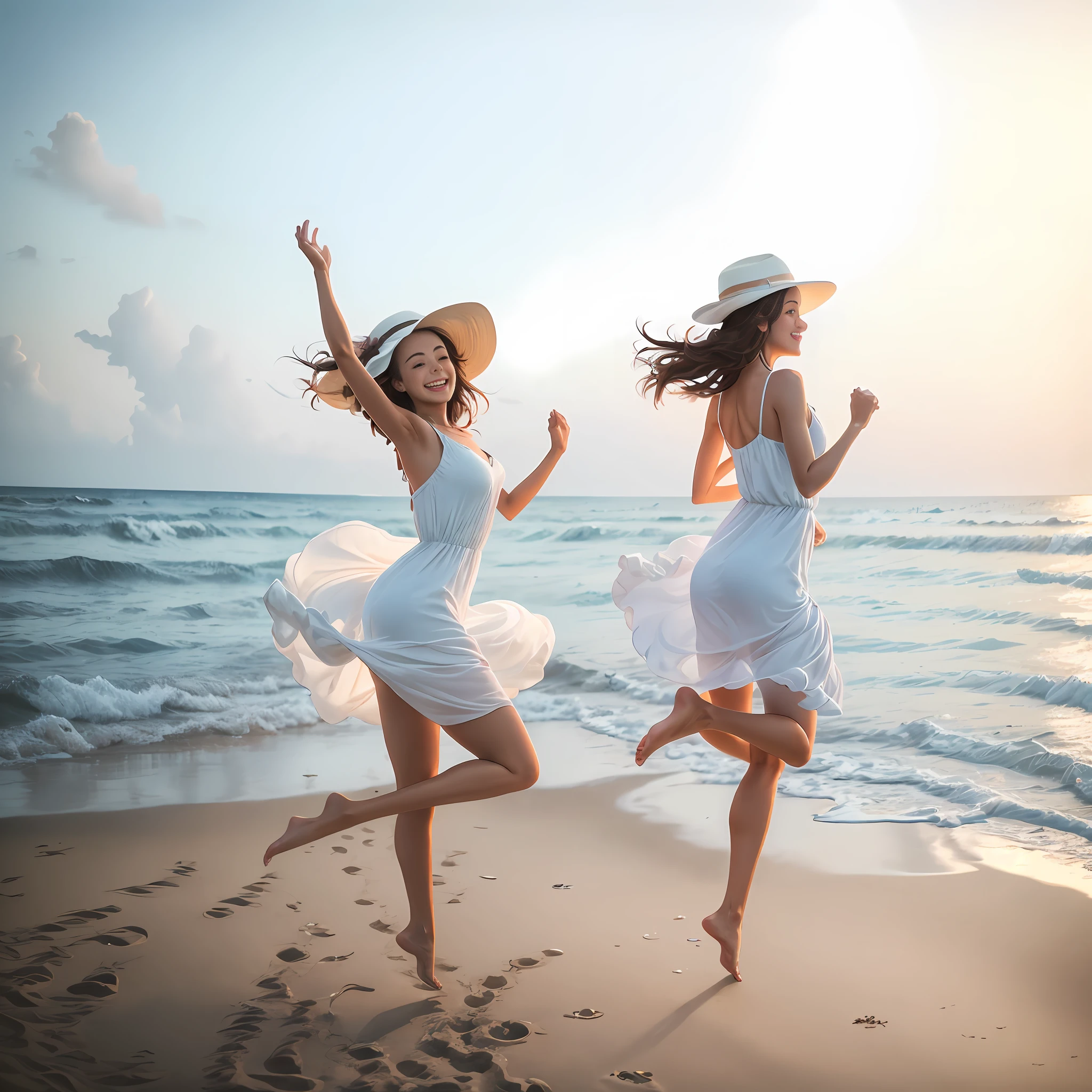 Woman in white dress jumping on the beach with hat, dancing on tropical beach, dancing on the beach, white salon, jumping for joy, girl in white dress dancing, vacation photo, profile picture, posing on the beach with the sea, holiday season, natural beauty, amazing, running free, realistic, human, well-groomed face --auto