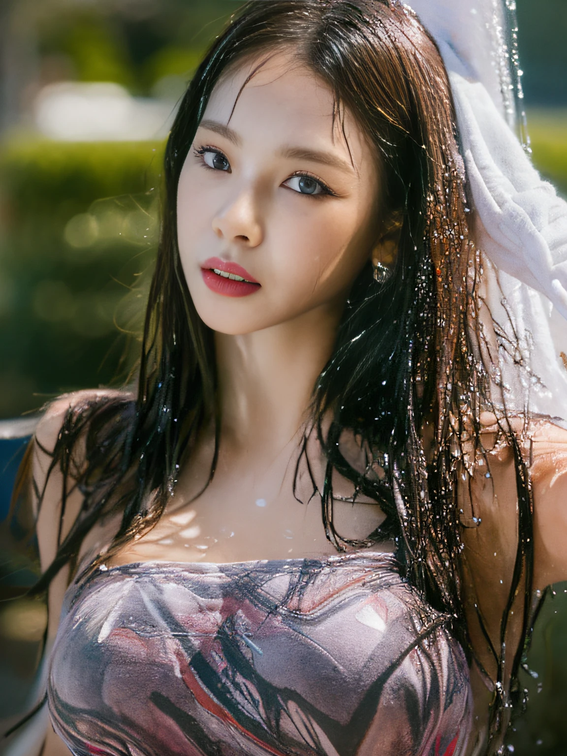 (Best quality, 4k, Masterpiece :1.3), pretty woman, 1girl, (breasts, attractive body :1.2), abs :1.1, dark brown hair: 1.1, (rainy wet, wet from rain, wet body :1.2), ultra-detailed face, detailed lips, detailed eyes, double eyelid