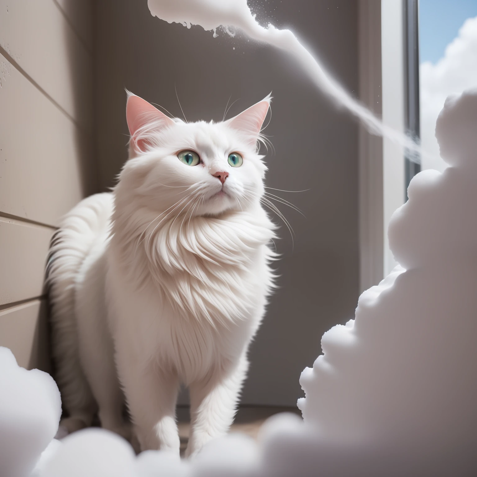 Close-up, photography, white long-haired cat playing with foam, a lot of white foam like clouds, pink walls