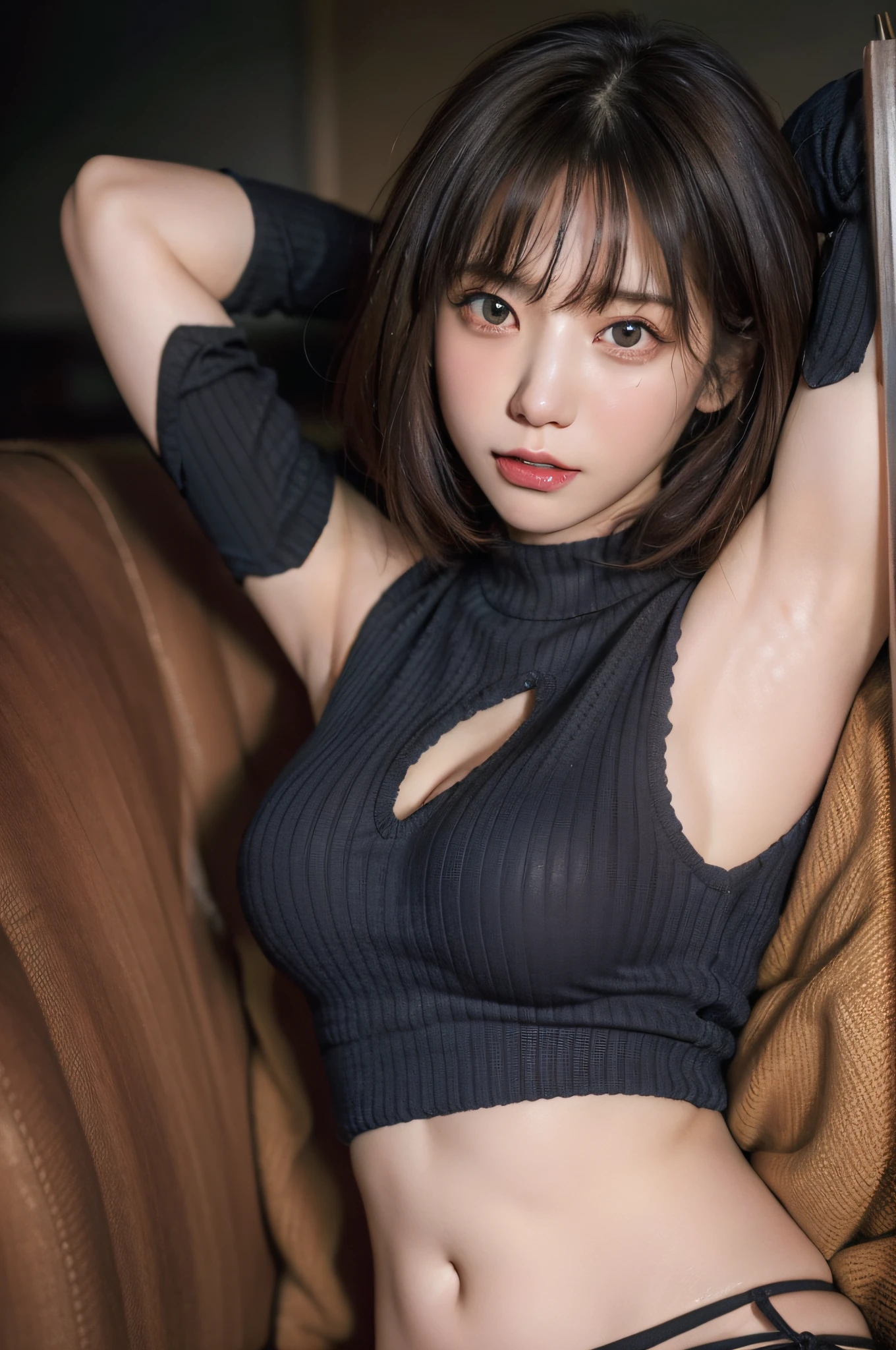 (Ultra Real), (Illustration), (High Definition), (8K), (High Definition), (Best Illustration), (Beautiful Detailed Eyes), (Best Quality), (Ultra Detail), (Master Masterpiece), (Wallpaper), (Detailed Face),Sweaty,Upper Body Up,Armpits,Short Hair,Sleeveless Sweater Alone, Japan persons, Lower breasts, (Camel toe)