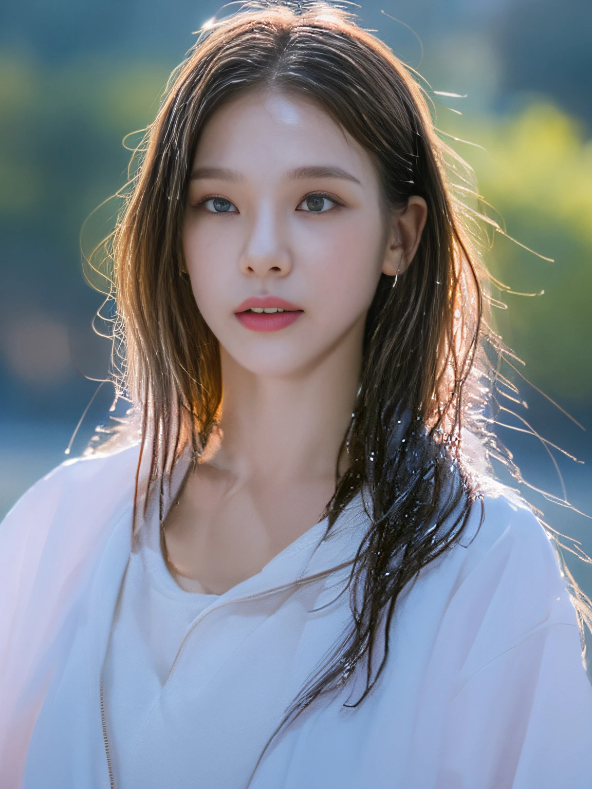 (Best quality, 4k, Masterpiece :1.3), pretty woman, 1girl, (breasts, attractive body :1.2), abs :1.1, dark brown hair: 1.1, (rainy wet, wet from rain, wet body :1.2), ultra-detailed face, detailed lips, detailed eyes, double eyelid
