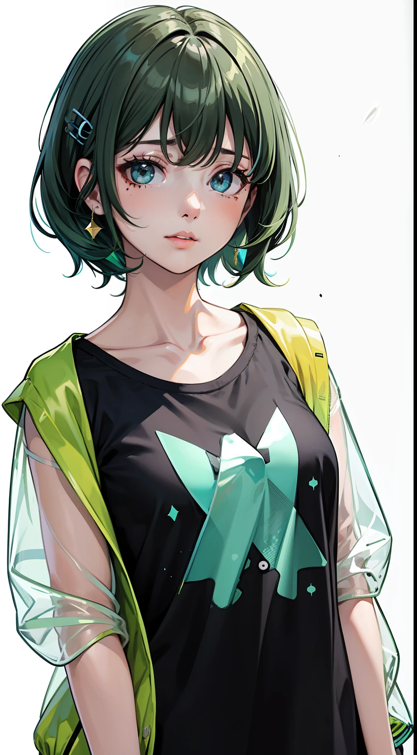 (masterpiece, best quality,8K,CG),1girl,short hair, (black hair |green hair), rainbow color haircolorful hair,Gradual hair color,
(Transparent plastic jacket:1.2),Black T-shirt,(simple background:1.2) ,shiny, light particles, mole under eye, hair bobbles, big bubble, collarbone, hair ribbon, light particles, solar flare,