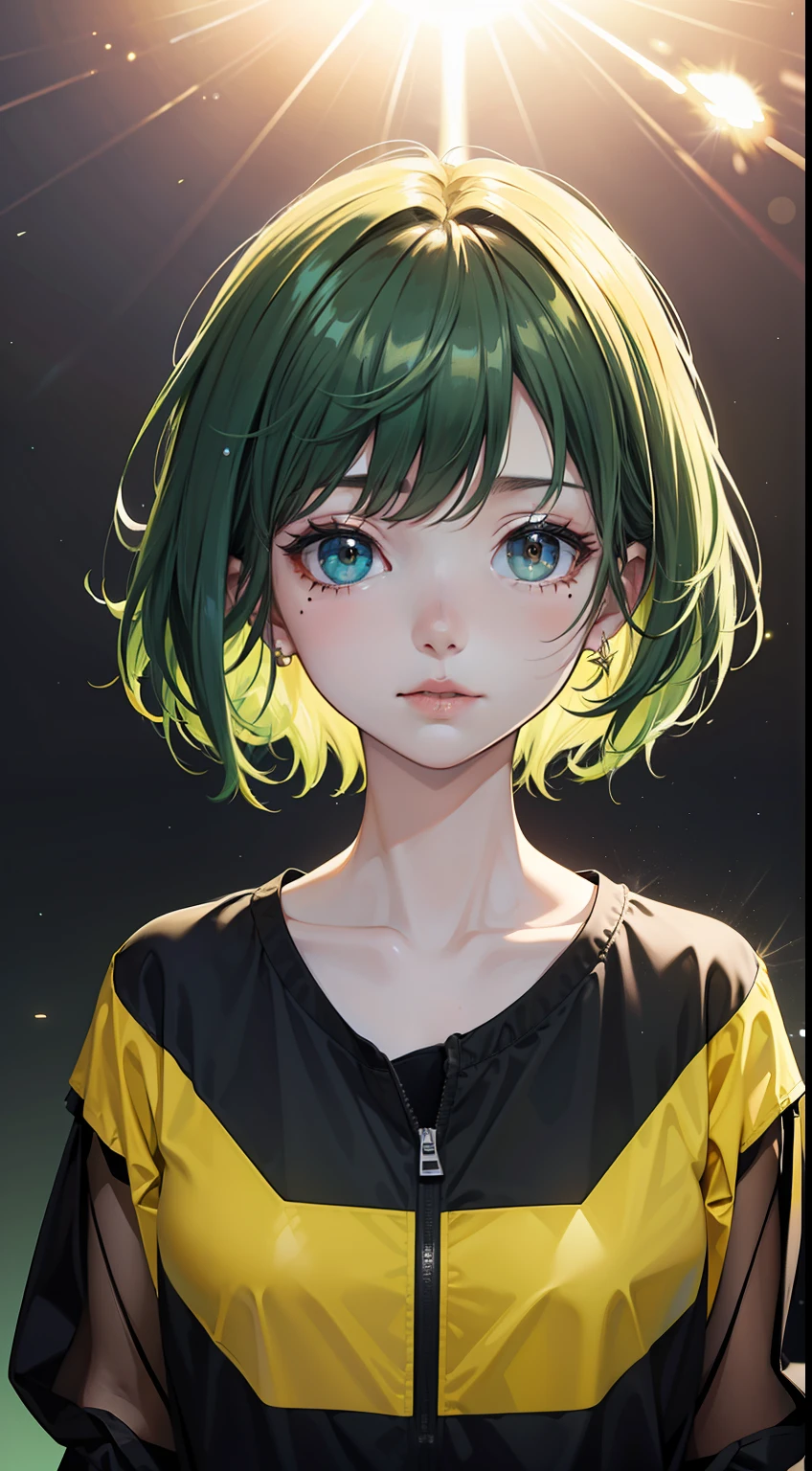 （masterpiece, best quality,8K,CG）,1girl,short hair, (black hair |green  hair)， rainbow color haircolorful hair，Gradual hair color，
(Transparent plastic jacket:1.2)，Black T-shirt,(simple background:1.2)   ,shiny, light particles, mole under eye, hair bobbles, big bubble, collarbone, hair ribbon, light particles, solar flare,