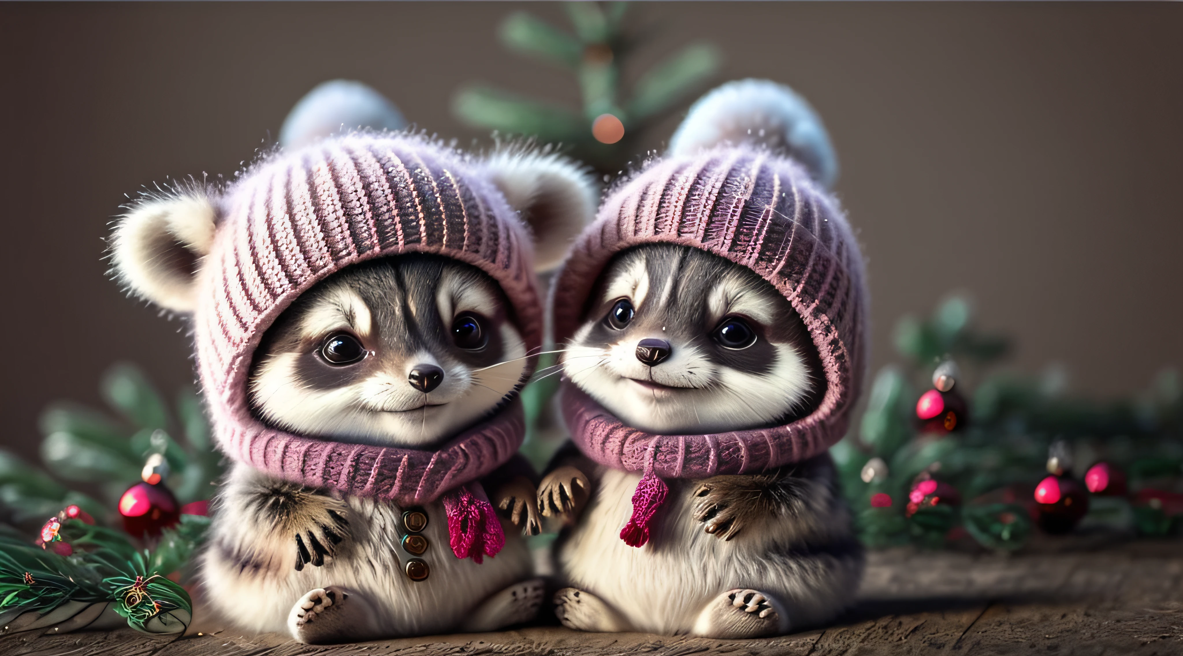 Raccoon, Raccoon, blur, Christmas tree, Snow, Winter, New Year's hat, (New Year), flower, nature, no_humans, depth of field, to8contrast style, DARK_Glam dressed in a Christmas hat, deep shadows, (dark: 1.4), (8k, RAW photo, best quality, masterpiece: 1.2)