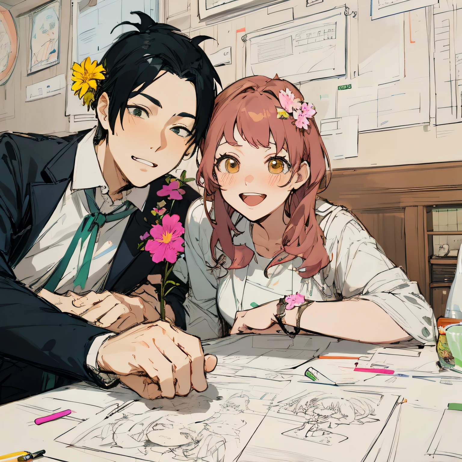 drawing of a couple hugging each other with a flower in their hair, by Naka Bokunen, line sketch!!, clean anime outlines, happy!!!, rough sketch, anime sketch, ddlc, detailed but rough, by Shingei, concept art of love, by Oka Yasutomo, couple pose, high quality fanart, wip, at pixiv