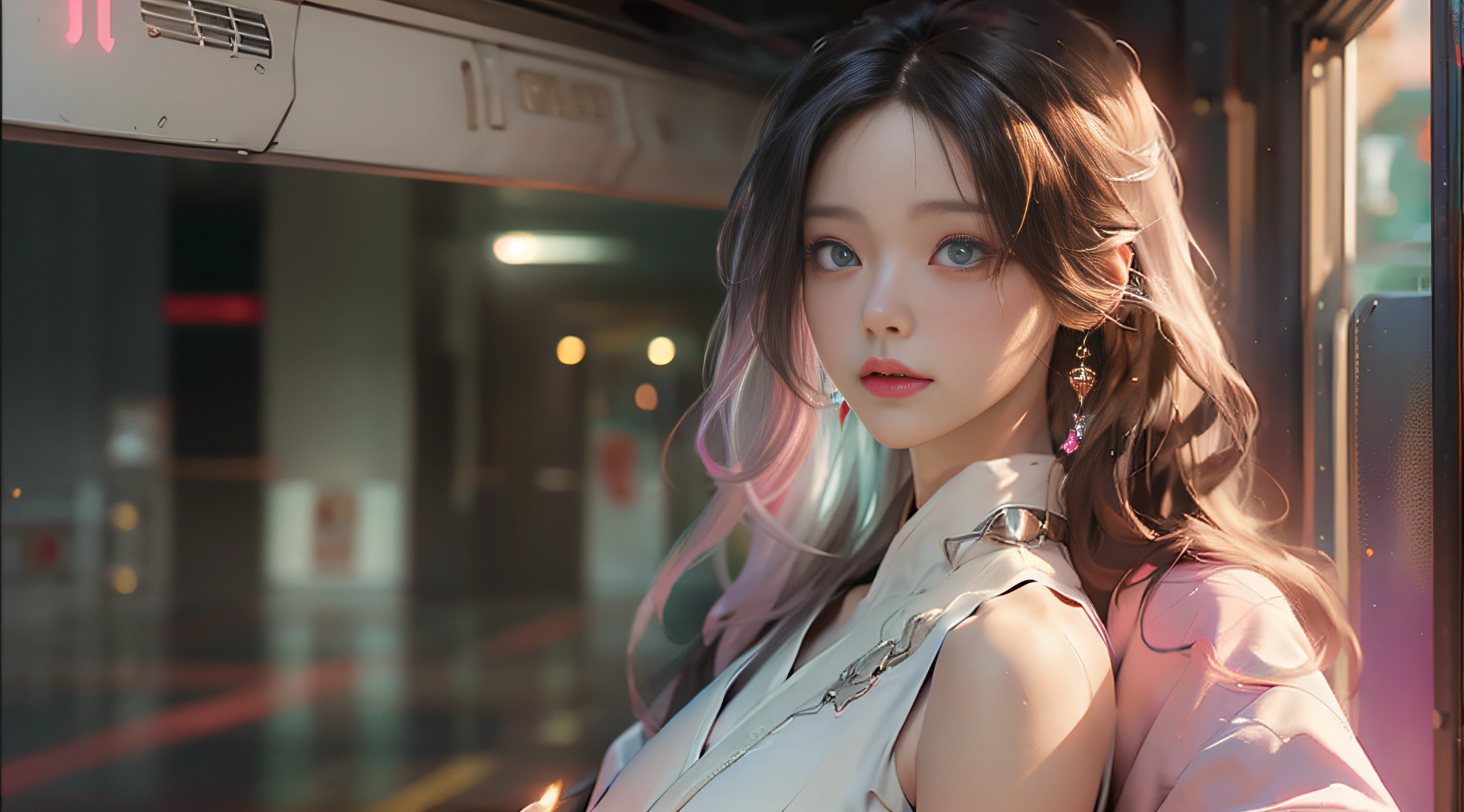 ((Best Quality)), ((Masterpiece)), (Detail: 1.4), 3D, Beautiful Cyberpunk Female Image, HDR (High Dynamic Range), Ray Tracing, NVIDIA RTX, Super Resolution, Unreal 5, Subsurface Scattering, PBR Texture, Post-Processing, Anisotropic Filtering, Depth of Field, Maximum Sharpness and Sharpness, Multi-layer Texture, Albedo and Highlight Mapping, Surface Coloring, Mitsu-Accurate Simulation of Material Interactions, Perfect Proportions, Octane Rendering, Two-color Light, Large Aperture, Low ISO, white balance, regular three-point, 8K RAW, beautiful bright pupils, flowing robe, fine pupils, delicate face and eyes, long eyelashes, blush, fluffy hair, pink lips