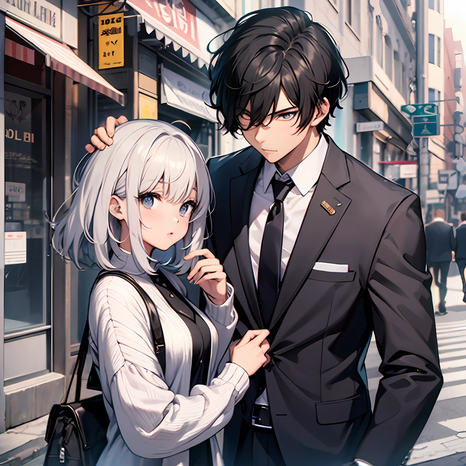 Masterpiece, the best quality, brother touches sister's head, brother wears suit black hair, sister white hair, street side,