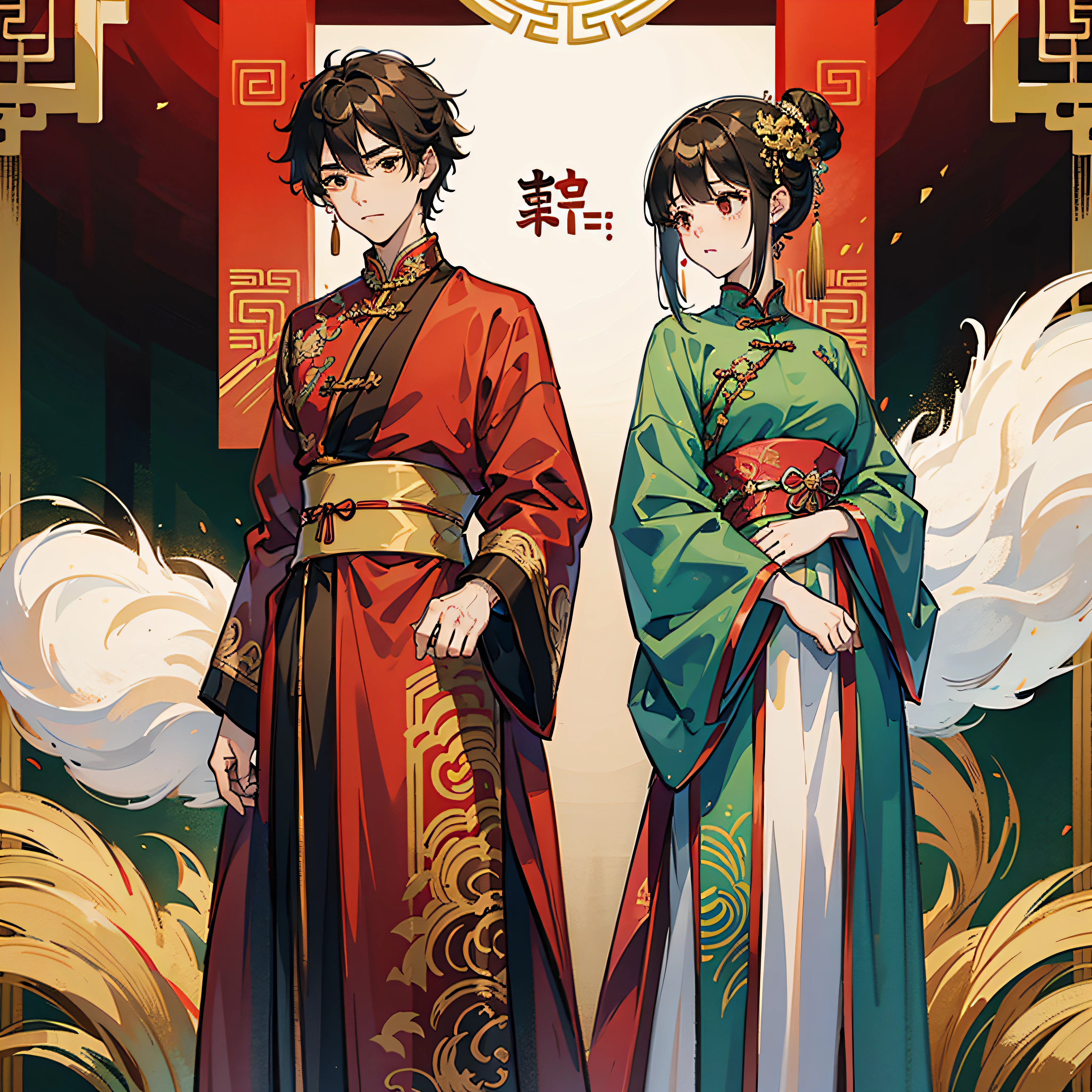 there are two people dressed in traditional chinese clothing standing together, wearing ancient chinese clothes, traditional chinese clothing, traditional chinese, hanfu, with acient chinese clothes, palace , a girl in hanfu, chinese costume, wearing gilded red royal robes, wearing gilded red robes, traditional clothing, chinese empress, wearing ornate silk clothes, traditional clothes, chinese style, wearing ornate clothing --auto