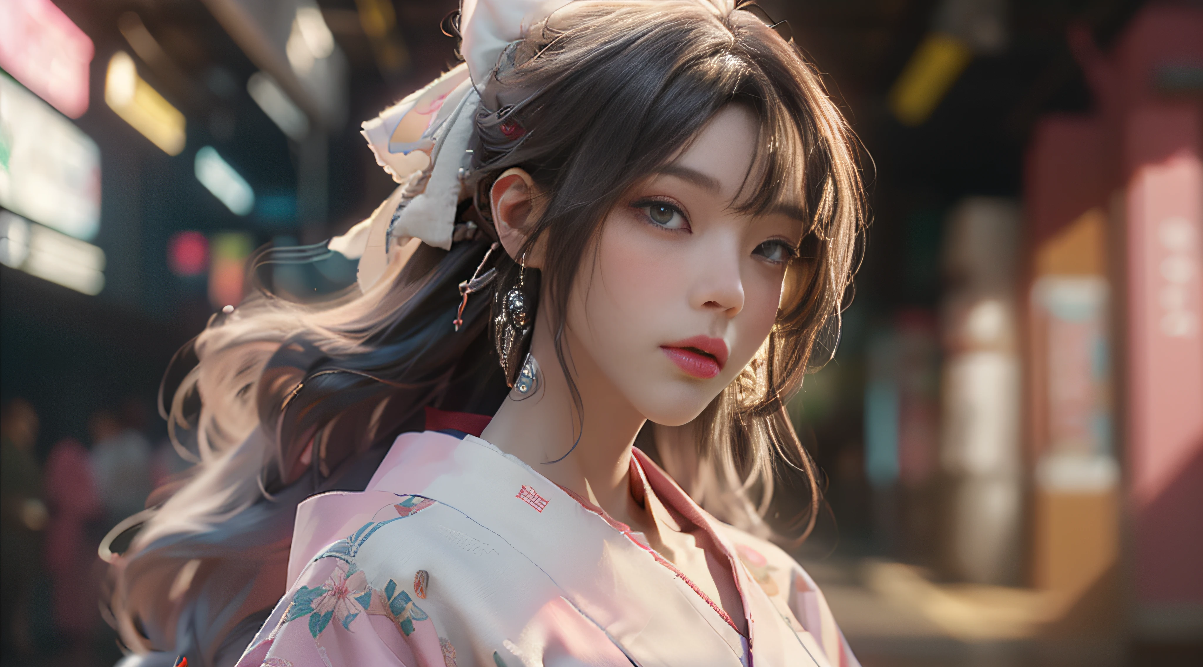((Best Quality)), ((Masterpiece)), (Detail: 1.4), 3D, Beautiful Cyberpunk Female Image, HDR (High Dynamic Range), Ray Tracing, NVIDIA RTX, Super Resolution, Unreal 5, Subsurface Scattering, PBR Texture, Post-Processing, Anisotropic Filtering, Depth of Field, Maximum Sharpness and Sharpness, Multi-layer Texture, Albedo and Highlight Mapping, Surface Coloring, Mitsu-Accurate Simulation of Material Interactions, Perfect Proportions, Octane Rendering, Two-color Light, Large Aperture, Low ISO, white balance, regular three-point, 8K RAW, beautiful bright pupils, flowing robe, fine pupils, delicate face and eyes, long eyelashes, blush, fluffy hair, pink lips