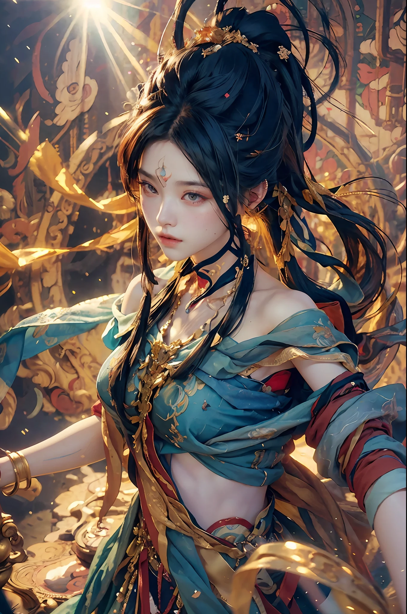(RAW photo, best quality), (realistic, photo-realistic:1.3),best quality,highly detailed,masterpiece,ultra-detailed,illustration,1girl,upper_body,dynamic angle,world masterpiece theater,messy_long_hair,best quality,extremely detailed CG unity 8k wallpaper,ink,Amazing,cinematic lighting,lens_flare, dunhuang_style