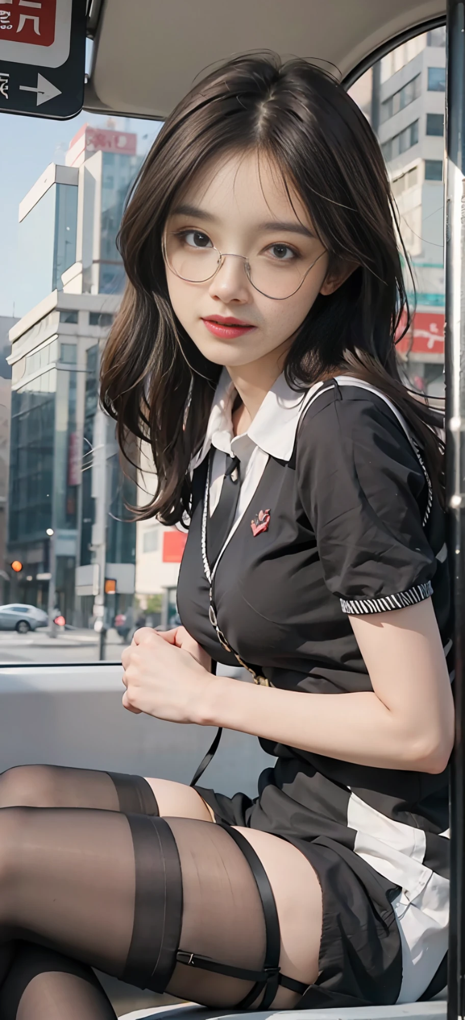 Best quality, full body portrait, delicate face, pretty face, 25 year old woman, slim figure, small bust, OL uniform, office clothes, black stockings, outdoor scene, sitting position, wearing glasses