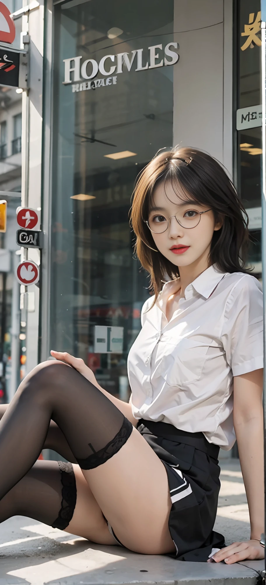 Best quality, full body portrait, delicate face, pretty face, 25 year old woman, slim figure, small bust, OL uniform, office clothes, black stockings, outdoor scene, sitting position, wearing glasses