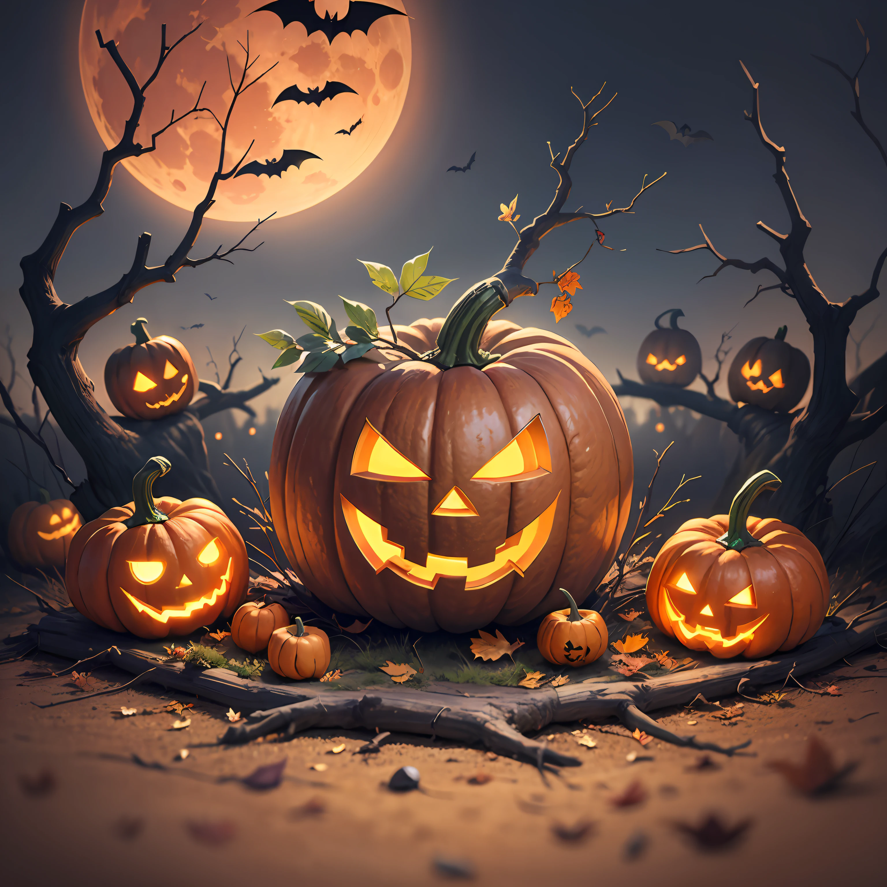 Halloween poster, pumpkins, bats, withered giant branches, red moon, ray tracing, stacked chests, forest