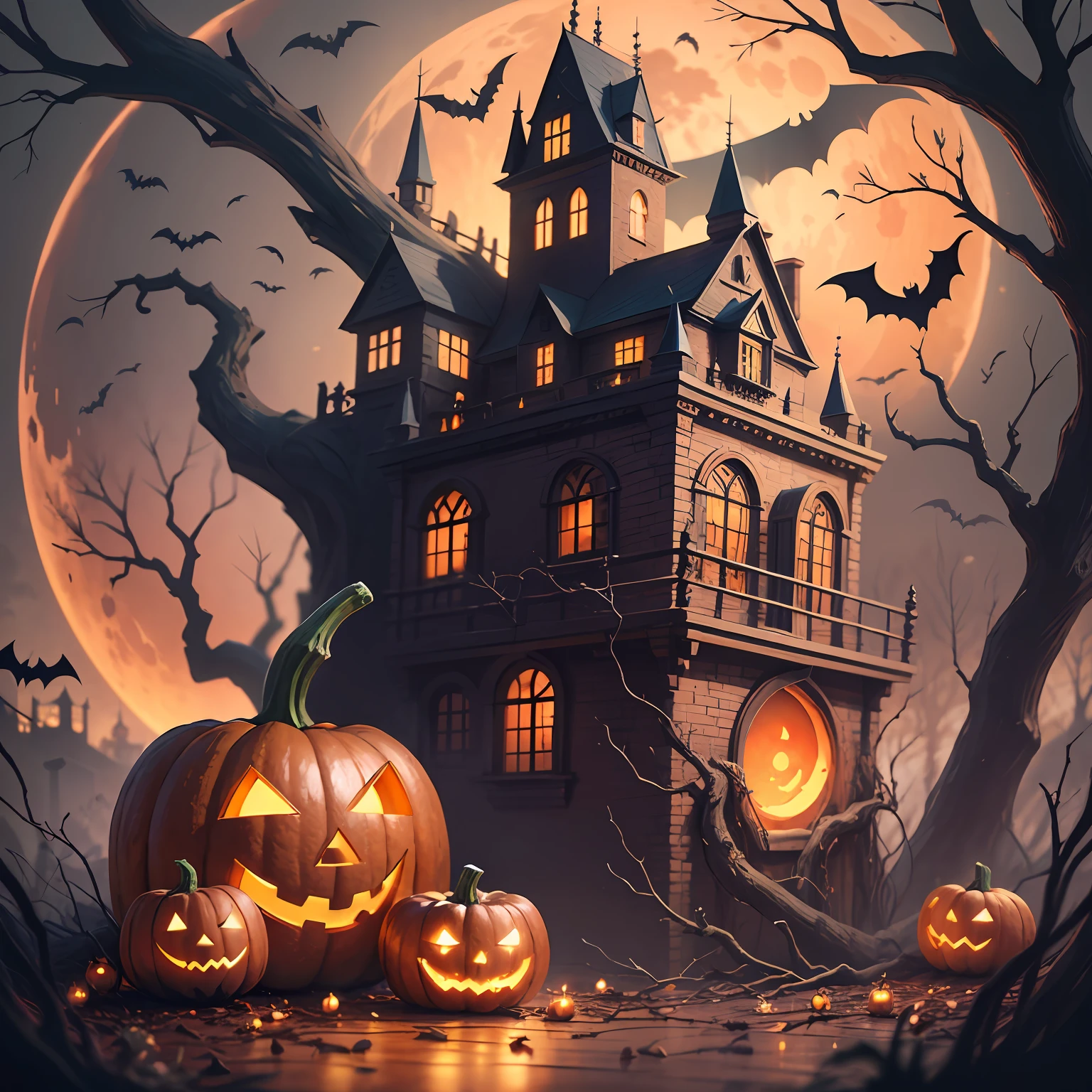Halloween poster, pumpkins, bats, withered giant branches, red moon, ray tracing, stacked chests, castle