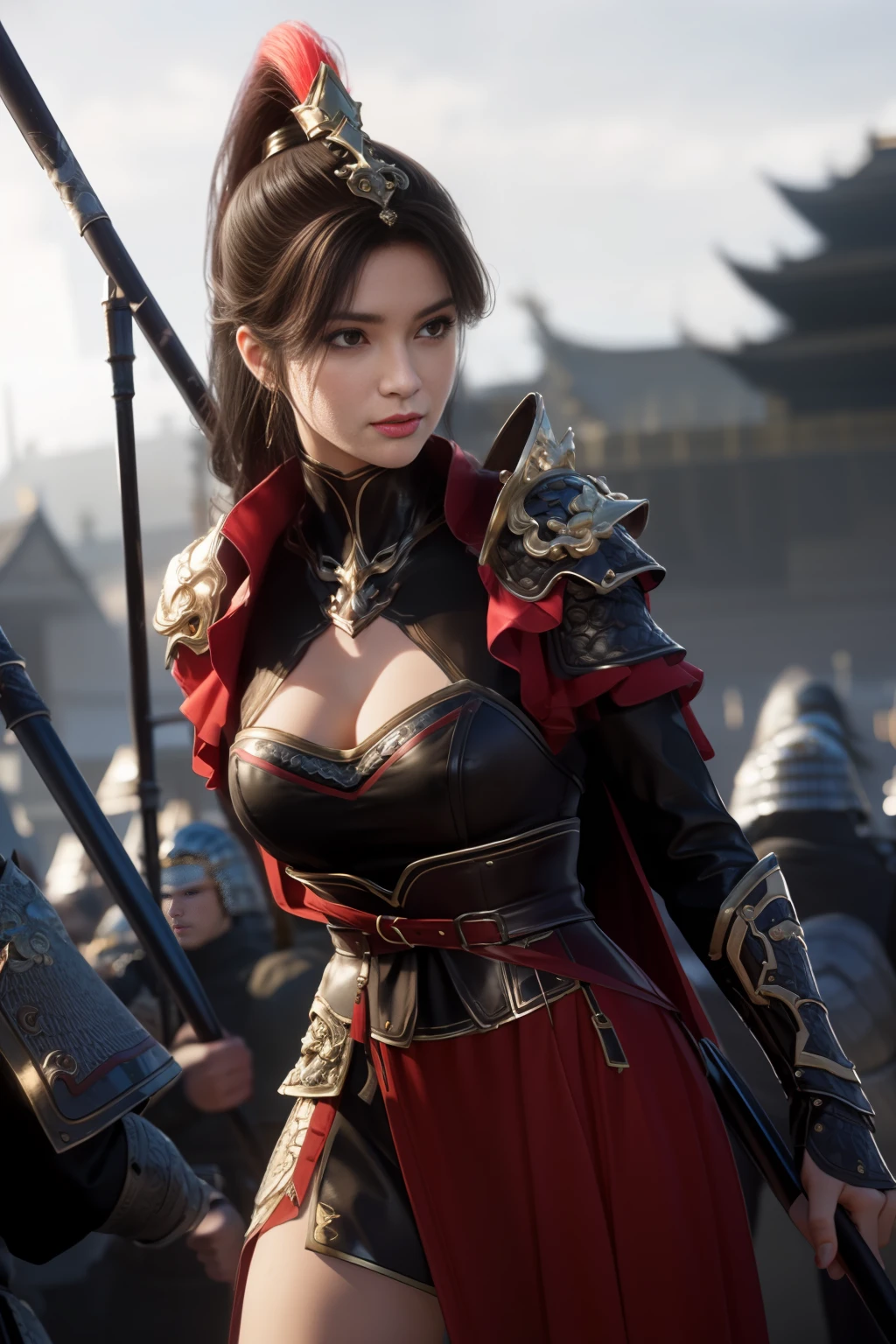 rows and buildings of red flags, standing in front of a group of people in armor standing in the field against the background of flags, red costume, shoulder_armor, armor, armored dress, armored boots, red_cape, high_collar, helmet on her head, (swinging a spear at the enemy and repelling), holding_weapon, spear, real, thighs ,, bangs, black_hair, brown_eyes, long_hair, turtleneck, 1 girl, 20 years old, mature woman, beautiful fingers, beautiful long legs, beautiful body, beautiful nose, beautiful character design, perfect eyes, perfect face, look viewer, NSFW, official art, highly detailed CG Unity 8k wallpaper, perfect lighting, colorful, Bright_Front_face_Lighting, (Masterpiece:1.0), (best_quality:1.0), Ultra High Definition, 4K, Ultra Detail, Photography, 8K, HDR, High Definition, Absurdity: 1.2, Kodak Portra 400, Film Grain, Blurry Background, Bokeh: 1.2, Lens Flare, (vibrant_color:1.2) (Beautiful,large_Breasts:1.4), (beautiful_ face:1.5),(narrow_waist),