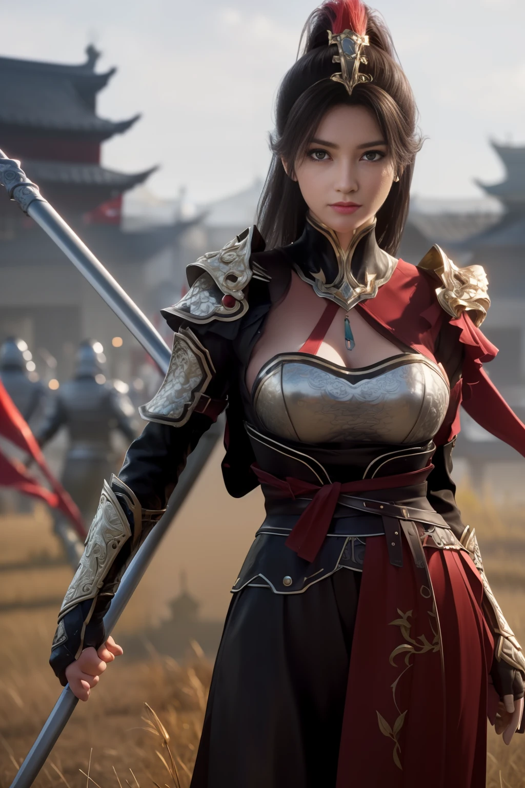 rows and buildings of red flags, standing in front of a group of people in armor standing in the field against the background of flags, red costume, shoulder_armor, armor, armored dress, armored boots, red_cape, high_collar, helmet on her head, (swinging a spear at the enemy and repelling), holding_weapon, spear, real, thighs ,, bangs, black_hair, brown_eyes, long_hair, turtleneck, 1 girl, 20 years old, mature woman, beautiful fingers, beautiful long legs, beautiful body, beautiful nose, beautiful character design, perfect eyes, perfect face, look viewer, NSFW, official art, highly detailed CG Unity 8k wallpaper, perfect lighting, colorful, Bright_Front_face_Lighting, (Masterpiece:1.0), (best_quality:1.0), Ultra High Definition, 4K, Ultra Detail, Photography, 8K, HDR, High Definition, Absurdity: 1.2, Kodak Portra 400, Film Grain, Blurry Background, Bokeh: 1.2, Lens Flare, (vibrant_color:1.2) (Beautiful,large_Breasts:1.4), (beautiful_ face:1.5),(narrow_waist),