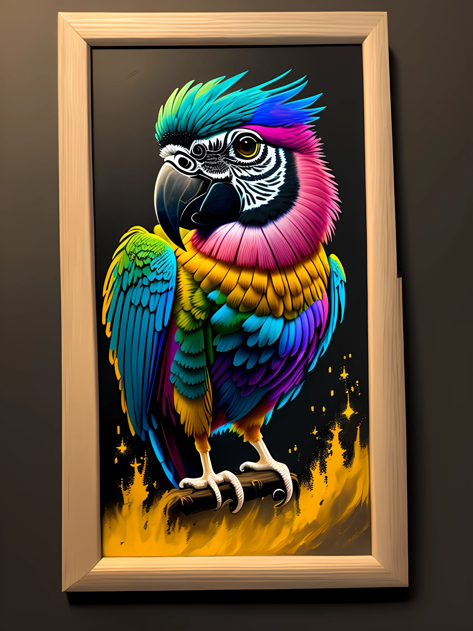 a painting of a colorful macaw on a black background, breathtaking rendering, within a radiant connection, inspired by Kinuko Y. Craft, magical elements, wow, is beautiful, casting a multi colorful spell, bright flash, flash