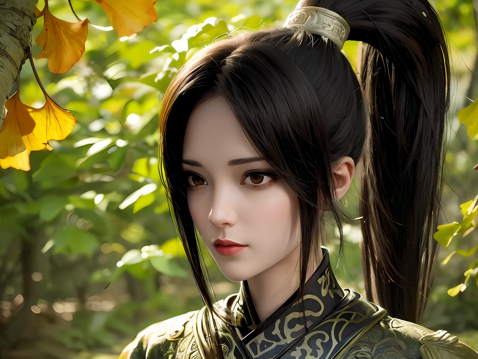 Superb masterpiece, 1 girl, brown hair, red eyes, full body portrait, detailed face, beautiful eyes, high ponytail, autumn ginkgo forest, ancient Chinese architecture, ancient architecture of the Tang Dynasty, very detailed background