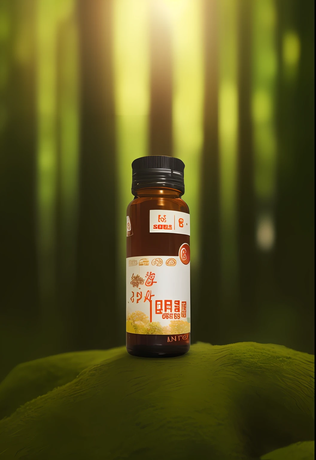 Close-up of a bottle of oral liquid, dark brown glass bottle, dark metal cap, placed on moss, metal with sunlight spilling, reflection, Tyndall phenomenon, in a mysterious forest, realistic, Realism: 1.2), Dendrobium tinche, surrounded by leaf vines, rendering based on real physics, microscopic lenses, low-angle photography from behind, visual depth, stunning viewing angles, (highest quality: 1.3), cinematic lenses, masterpieces, (sharp focus: 1.5), (realistic: 1.3), (very refined and beautiful))