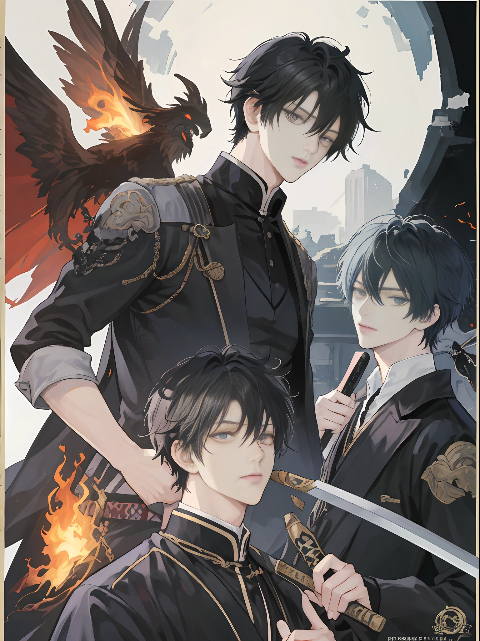 ((The Highest Quality、master masterpiece)), comic art、Anime character with man with fire and sword, katekyo hitman reborn, otaku gangasta, sirius a and sirius b, high quality fanart, from cryptid academia, inspired by Okumura Masanobu, two anime handsome men, epic anime style, anime poster, Detailed fan art, illustrative!!, akehiko inoue and ross tran