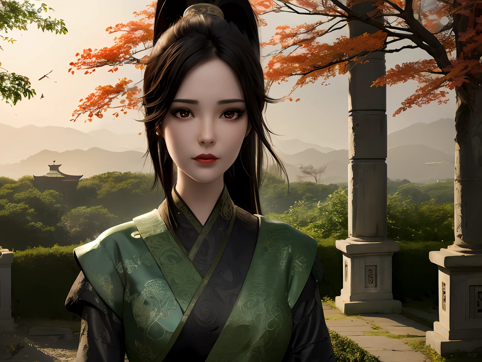 Superb masterpiece, 1 girl, brown hair, red eyes, full body portrait, detailed face, beautiful eyes, high ponytail, autumn ginkgo forest, ancient Chinese architecture, ancient architecture of the Tang Dynasty, very detailed background