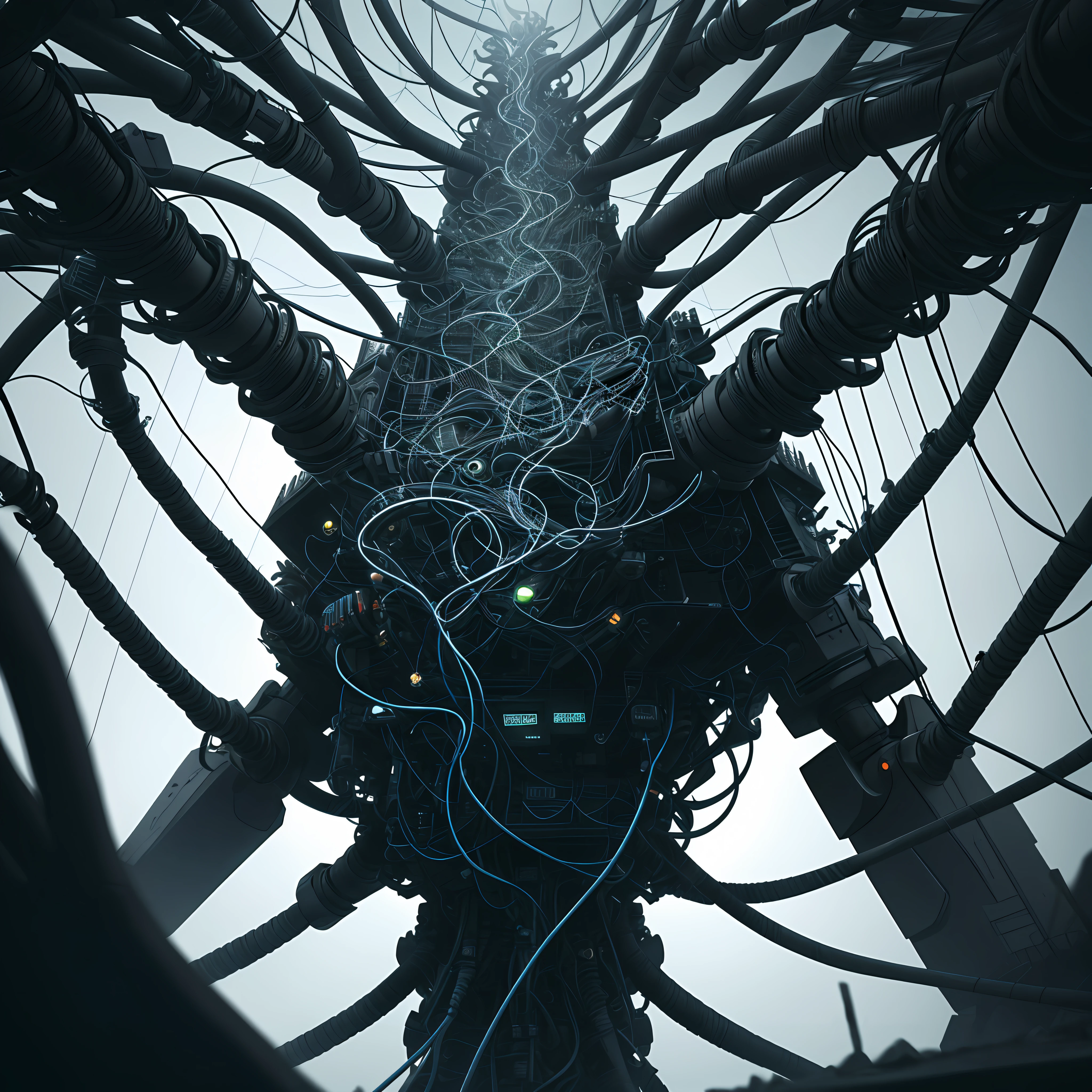 incredibly complex network of fractals and 3D wires and intricate cables arching behind it, in the environment mixes technology and roots that cross robots and technological pieces, dark fantasy, dark atmosphere, atmospheric lighting, cinematic lighting, best angle, ultra-detailed, intricate, angle from above