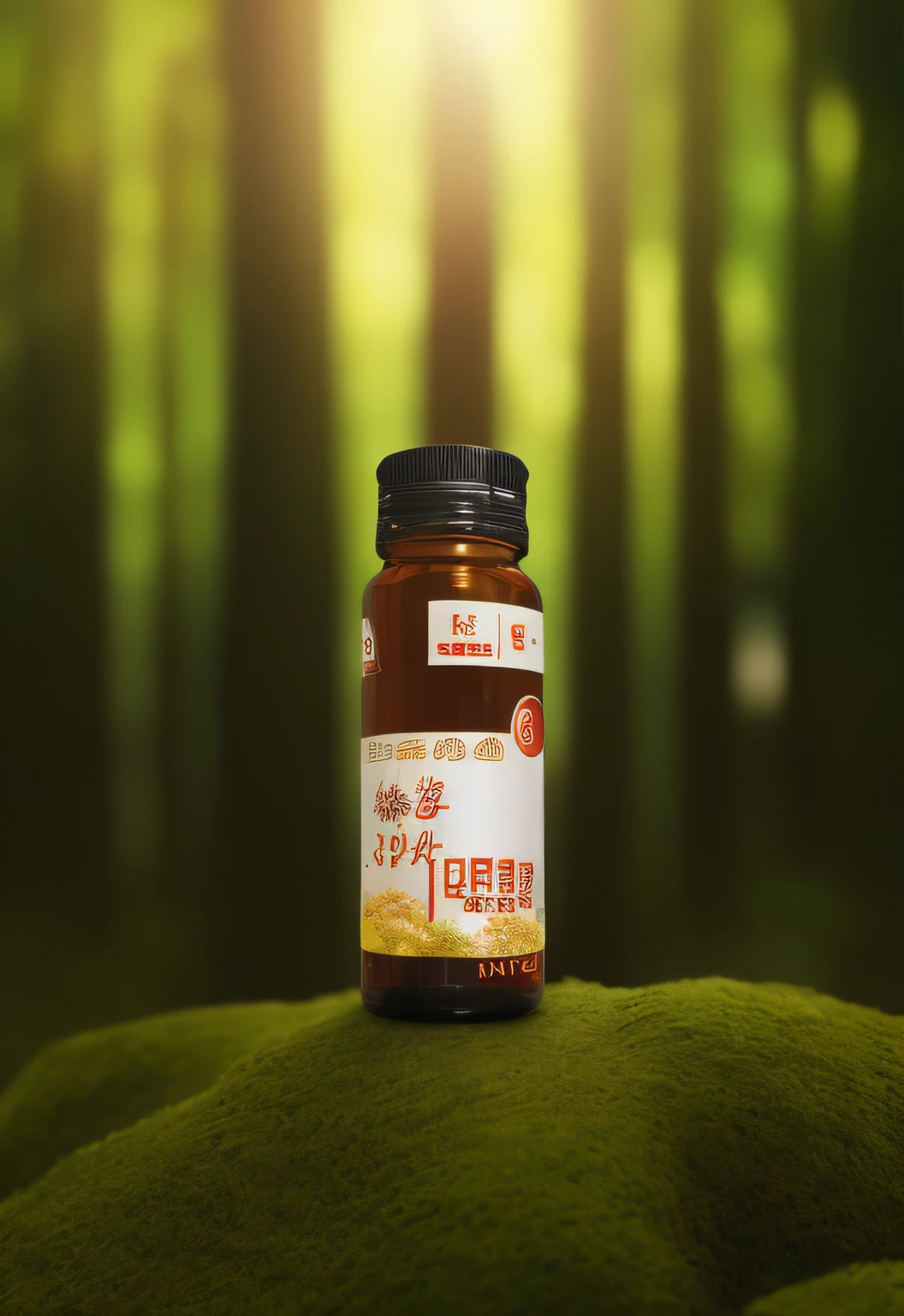 Close-up of a bottle of oral liquid, dark brown glass bottle, dark metal cap, placed on moss, metal with sunlight spilling, reflection, Tyndall phenomenon, in a mysterious forest, realistic, Realism: 1.2), Dendrobium tinche, surrounded by leaf vines, rendering based on real physics, microscopic lenses, low-angle photography from behind, visual depth, stunning viewing angles, (highest quality: 1.3), cinematic lenses, masterpieces, (sharp focus: 1.5), (realistic: 1.3), (very refined and beautiful))