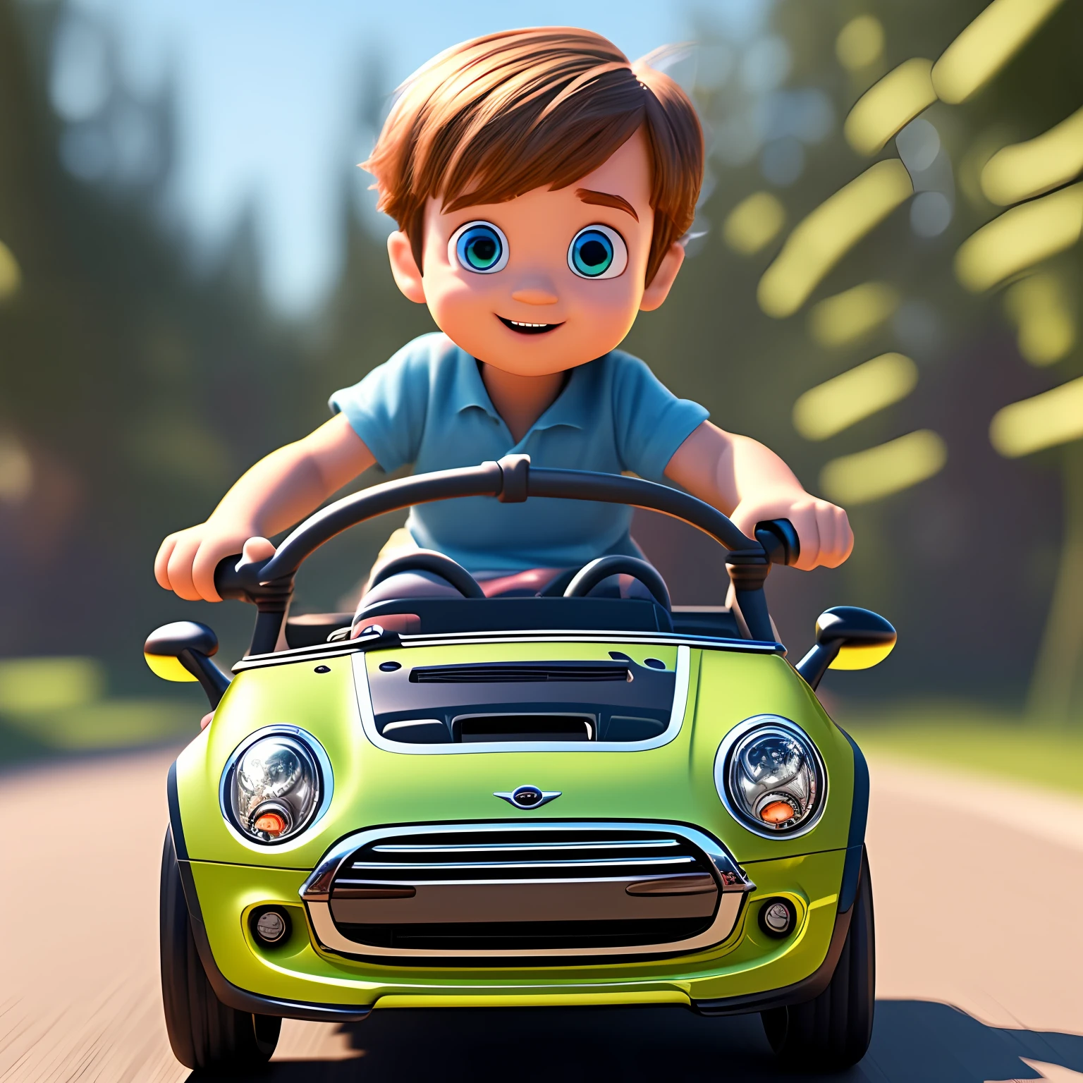 Little boy, close-up on face, sitting driving a mini race car, Pixar style, 3D style, Disney style, 8k, cute
